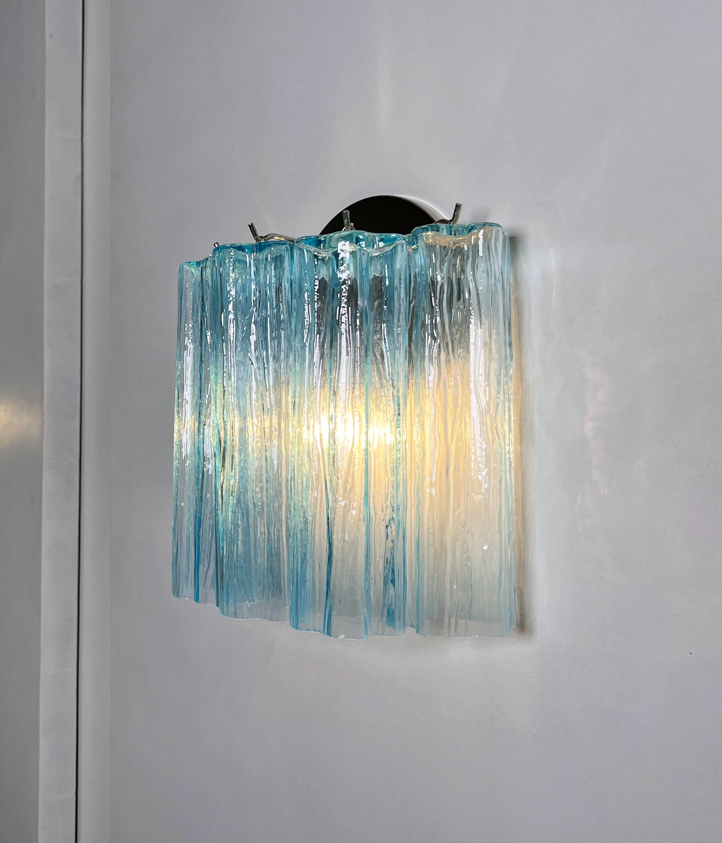 Fantastic pair of Murano Glass Tube wall sconces - 5 blue glass tube For Sale 11