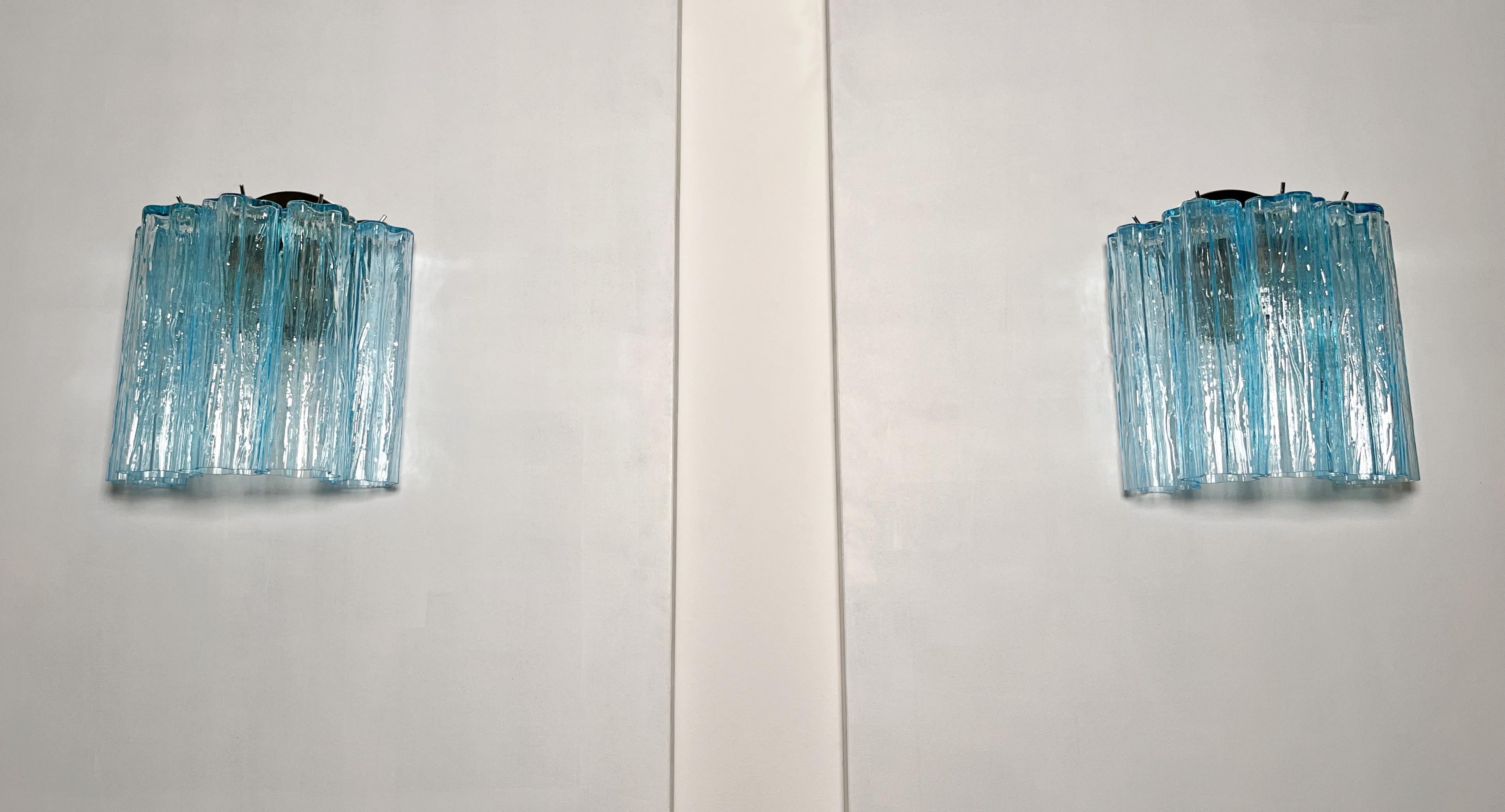 European Fantastic pair of Murano Glass Tube wall sconces - 5 blue glass tube For Sale
