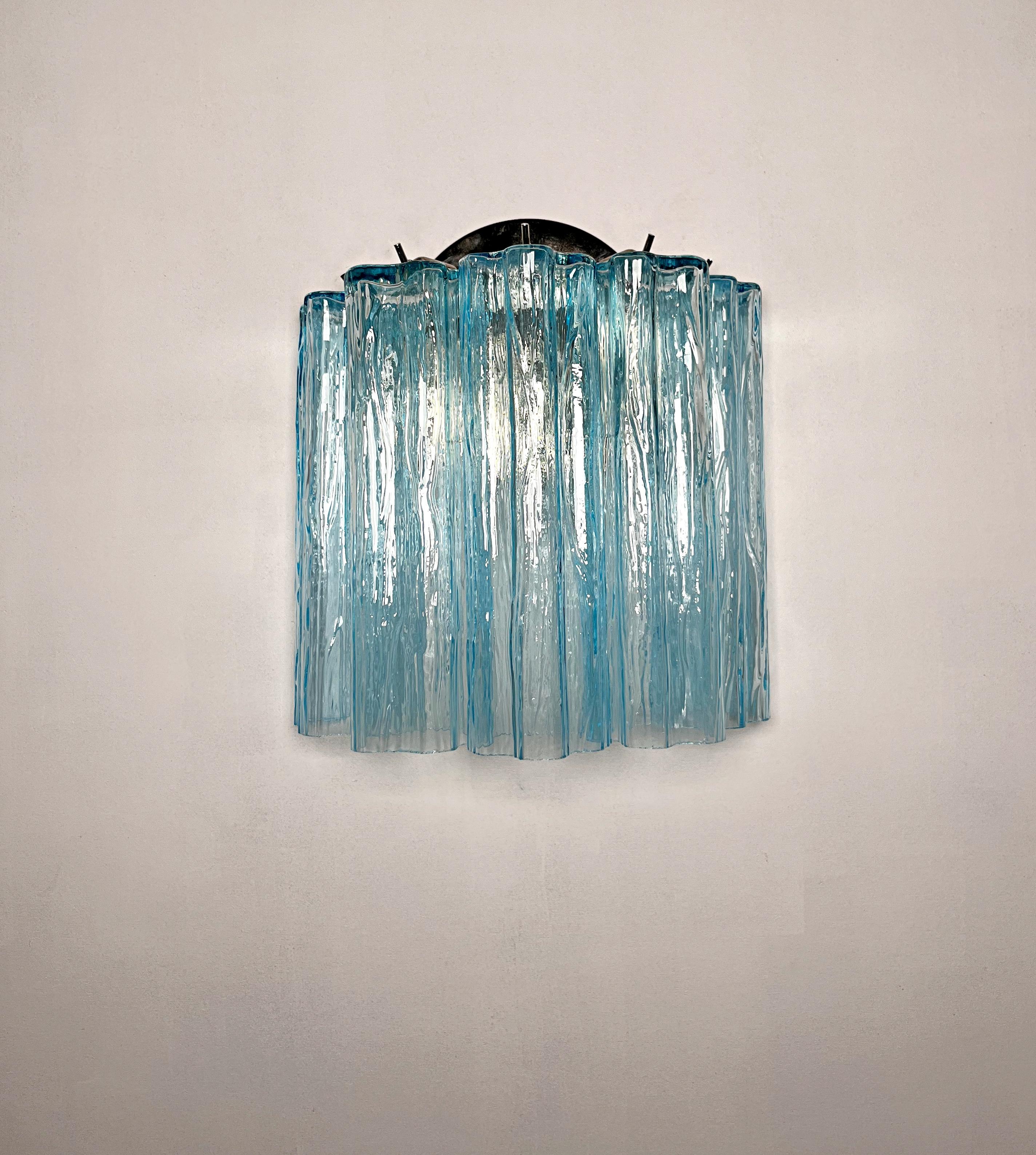 Galvanized Fantastic pair of Murano Glass Tube wall sconces - 5 blue glass tube For Sale