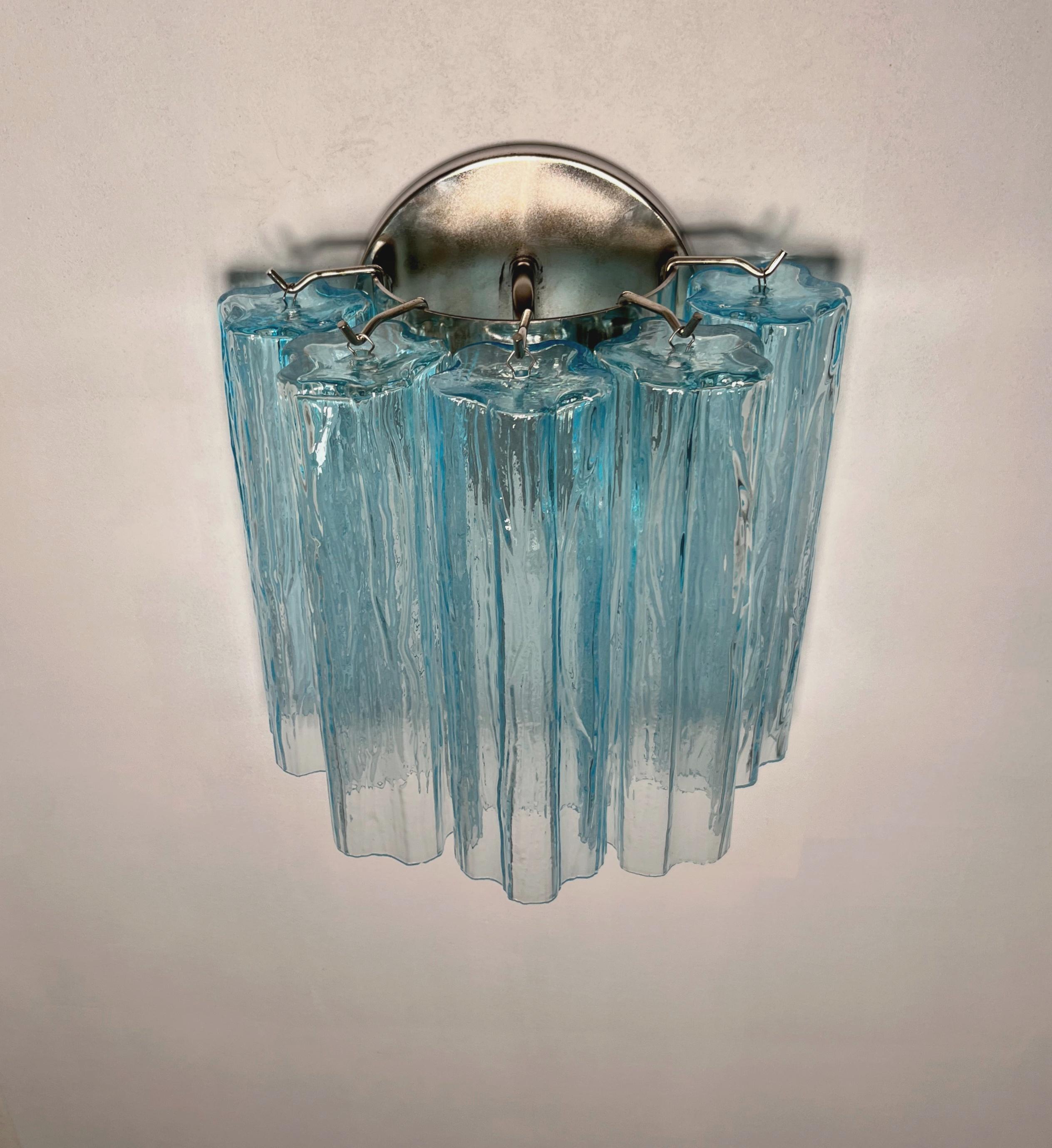 Blown Glass Fantastic pair of Murano Glass Tube wall sconces - 5 blue glass tube For Sale