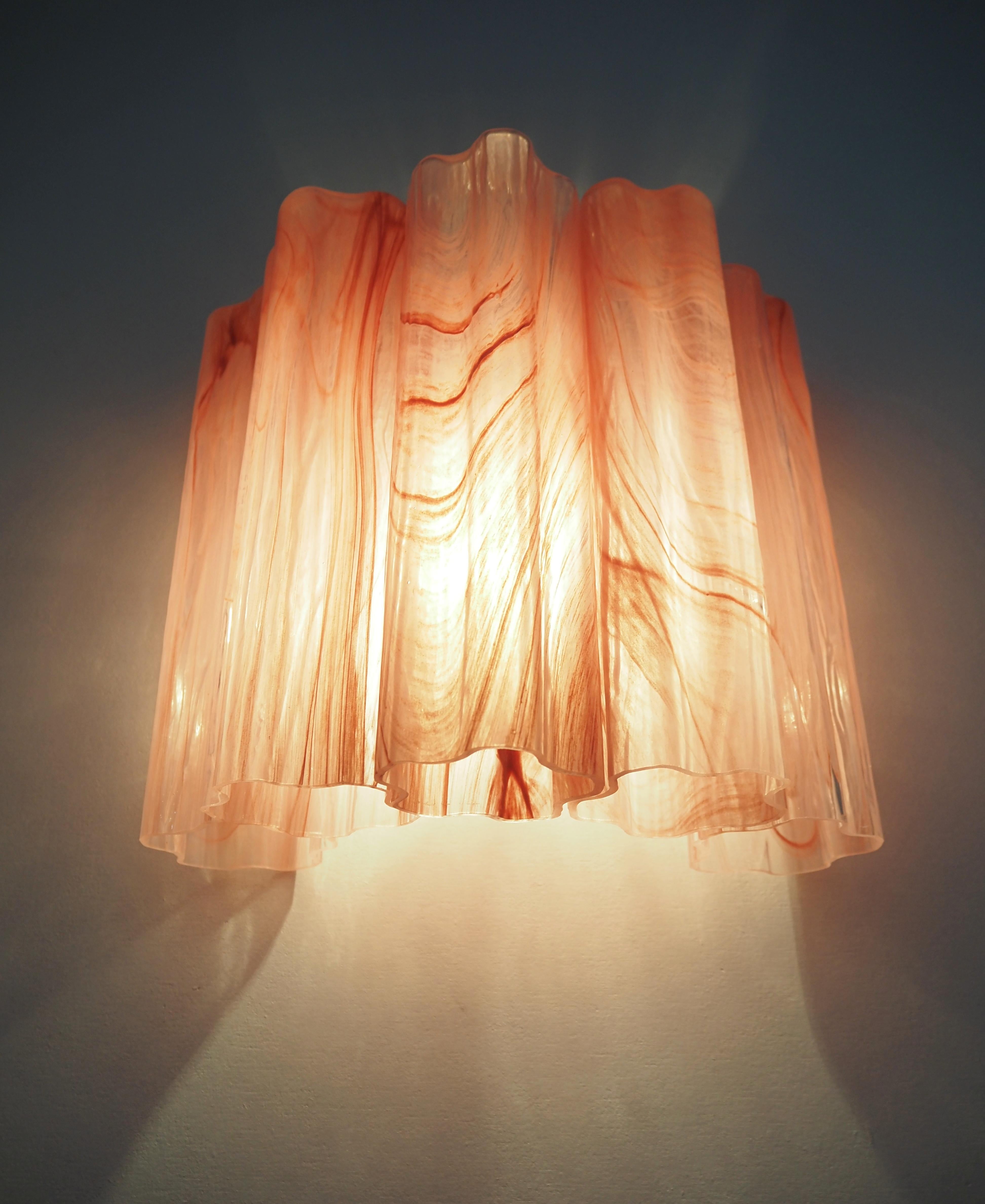 Fantastic pair of Murano Glass Tube wall sconces - 5 pink alabaster glass tube For Sale 3