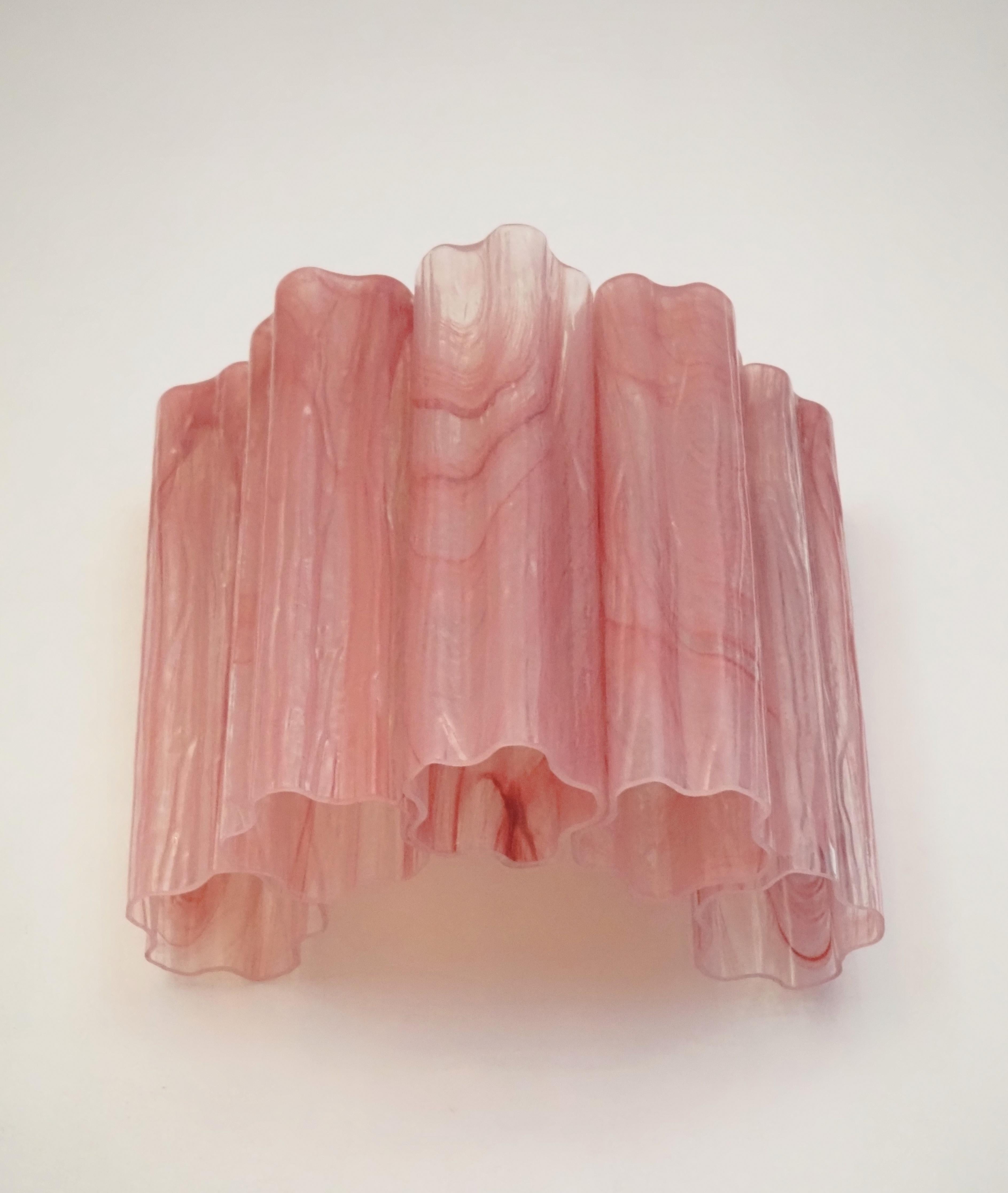 Fantastic pair of Murano Glass Tube wall sconces - 5 pink alabaster glass tube For Sale 5