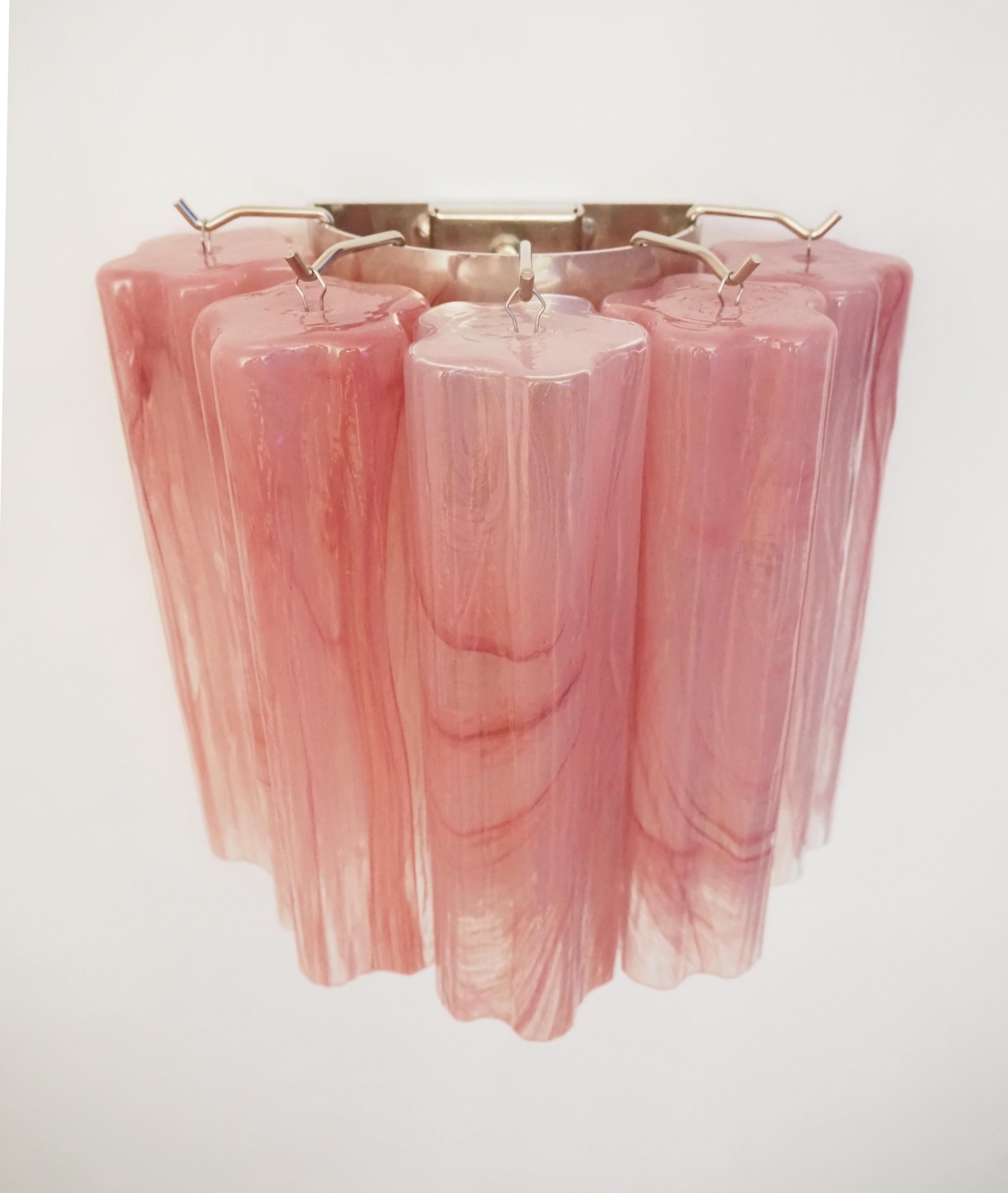 Fantastic pair of Murano Glass Tube wall sconces - 5 pink alabaster glass tube For Sale 7