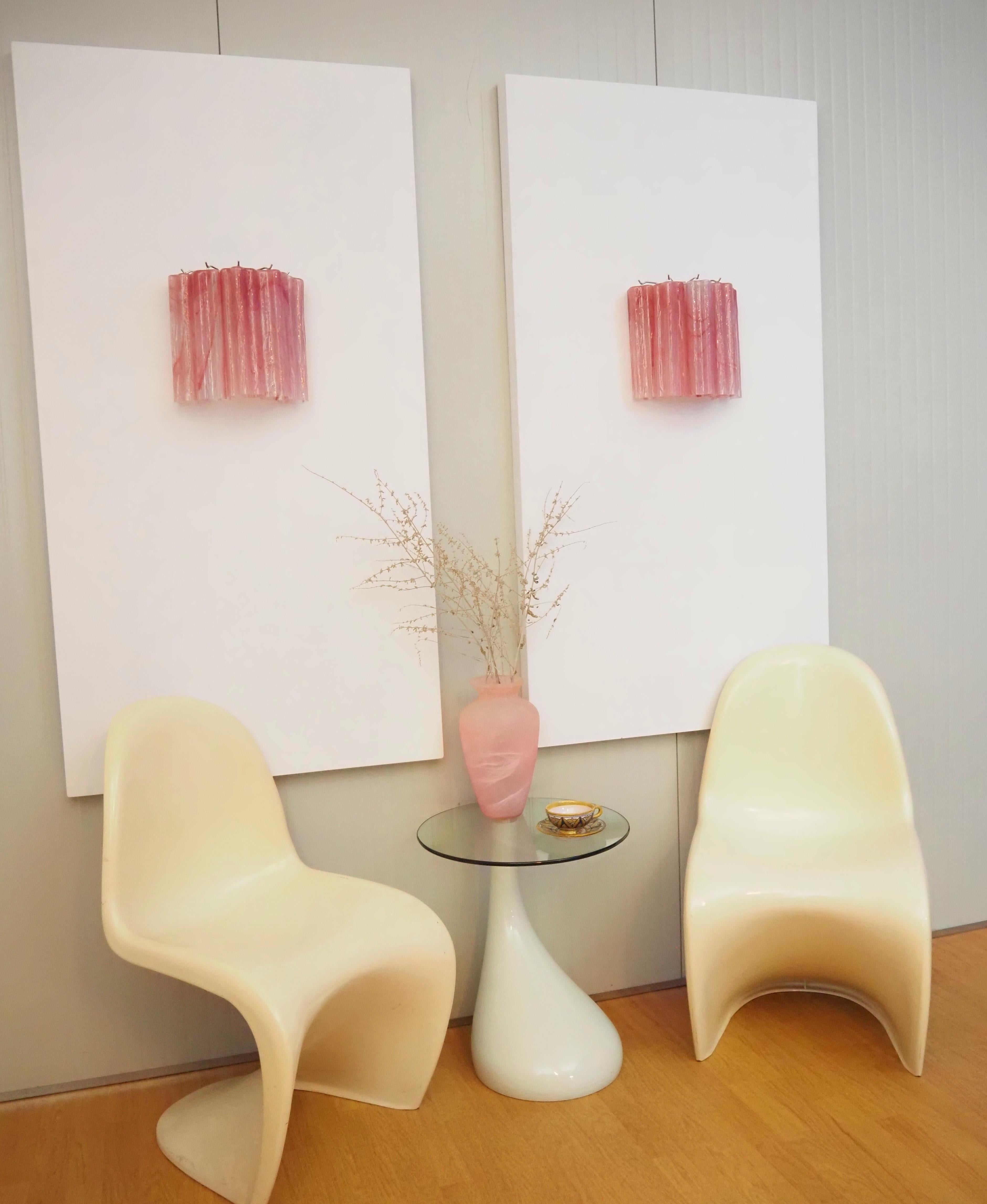Mid-Century Modern Fantastic pair of Murano Glass Tube wall sconces - 5 pink alabaster glass tube For Sale