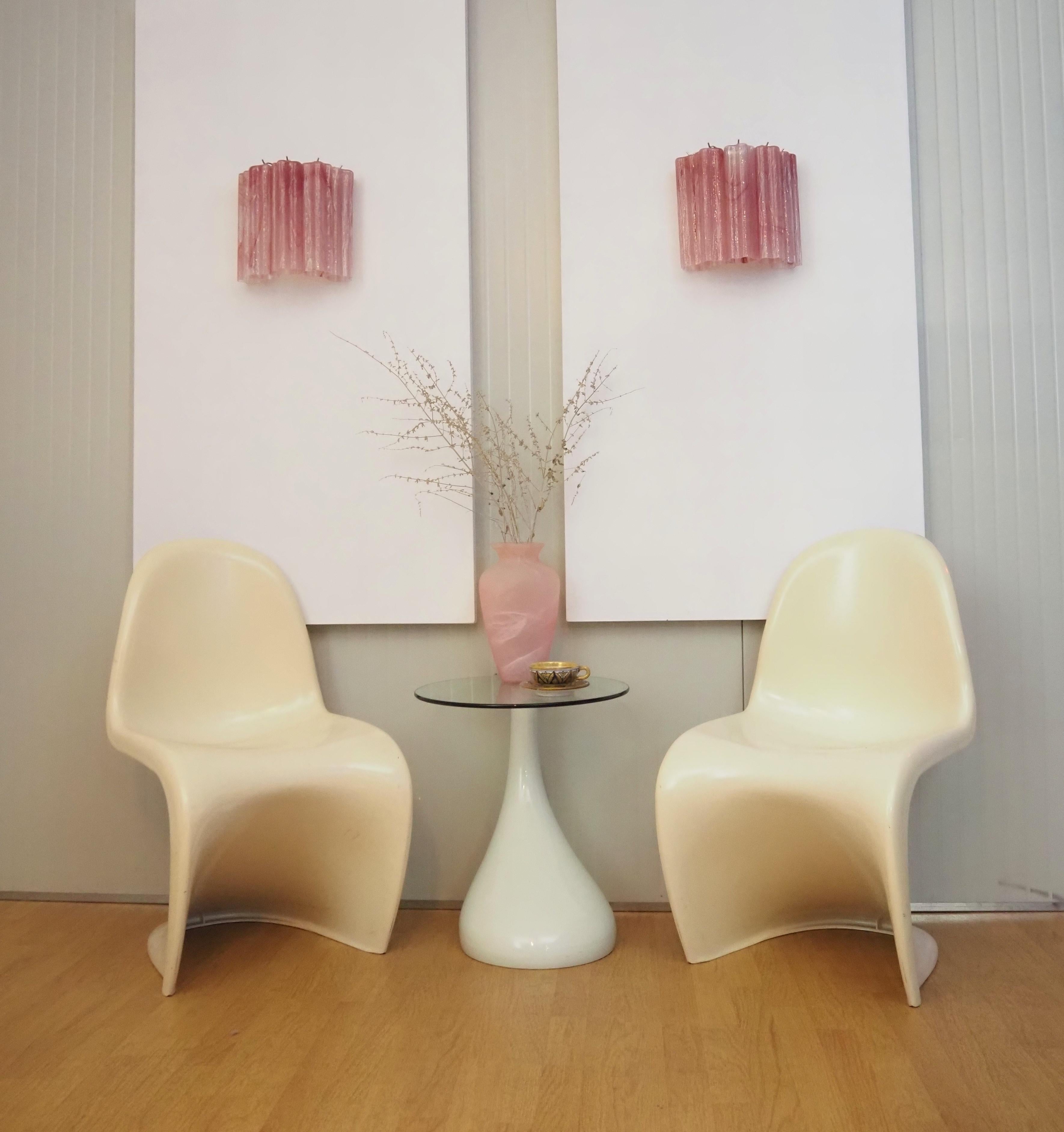 Italian Fantastic pair of Murano Glass Tube wall sconces - 5 pink alabaster glass tube For Sale