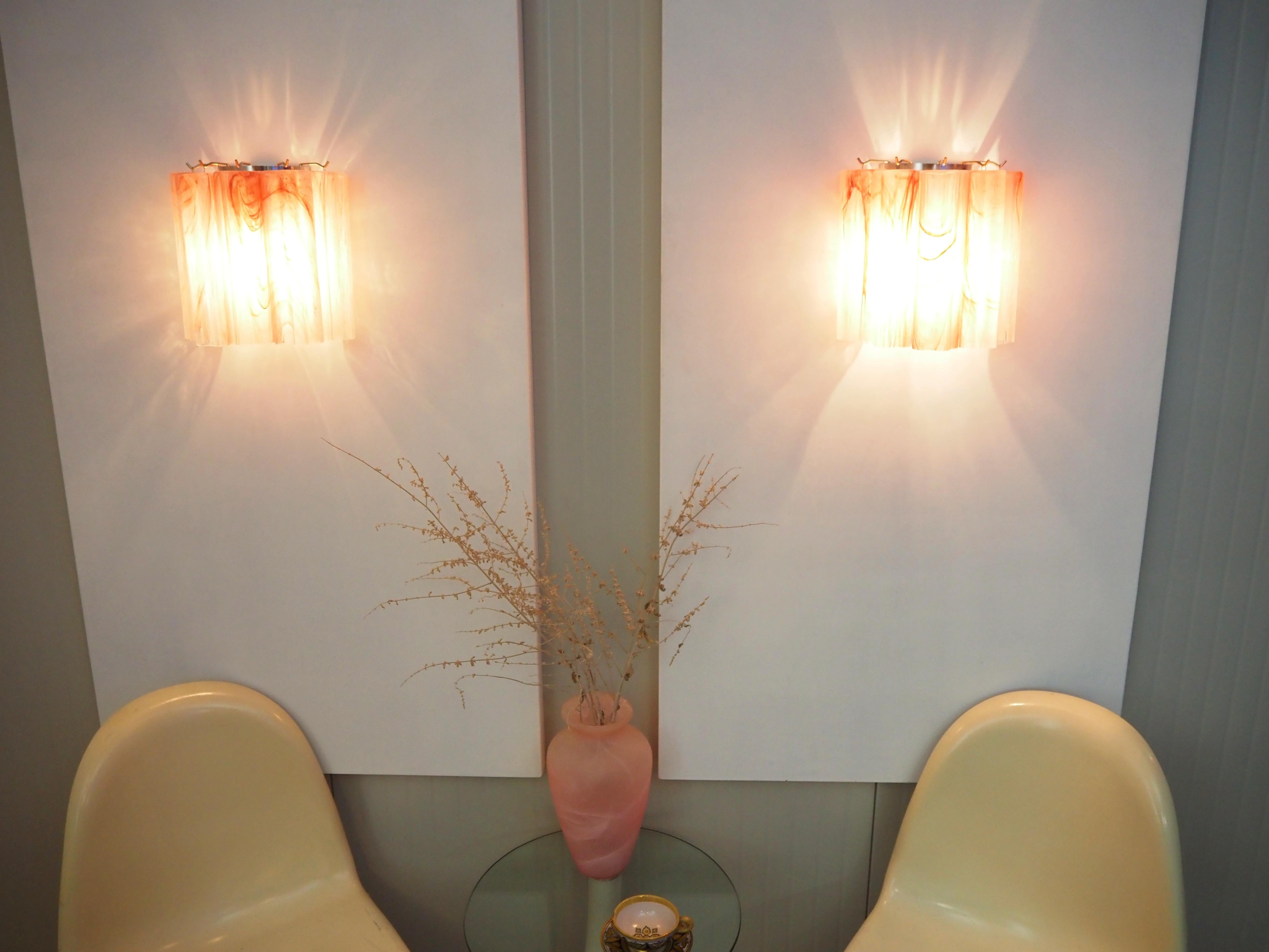 Galvanized Fantastic pair of Murano Glass Tube wall sconces - 5 pink alabaster glass tube For Sale