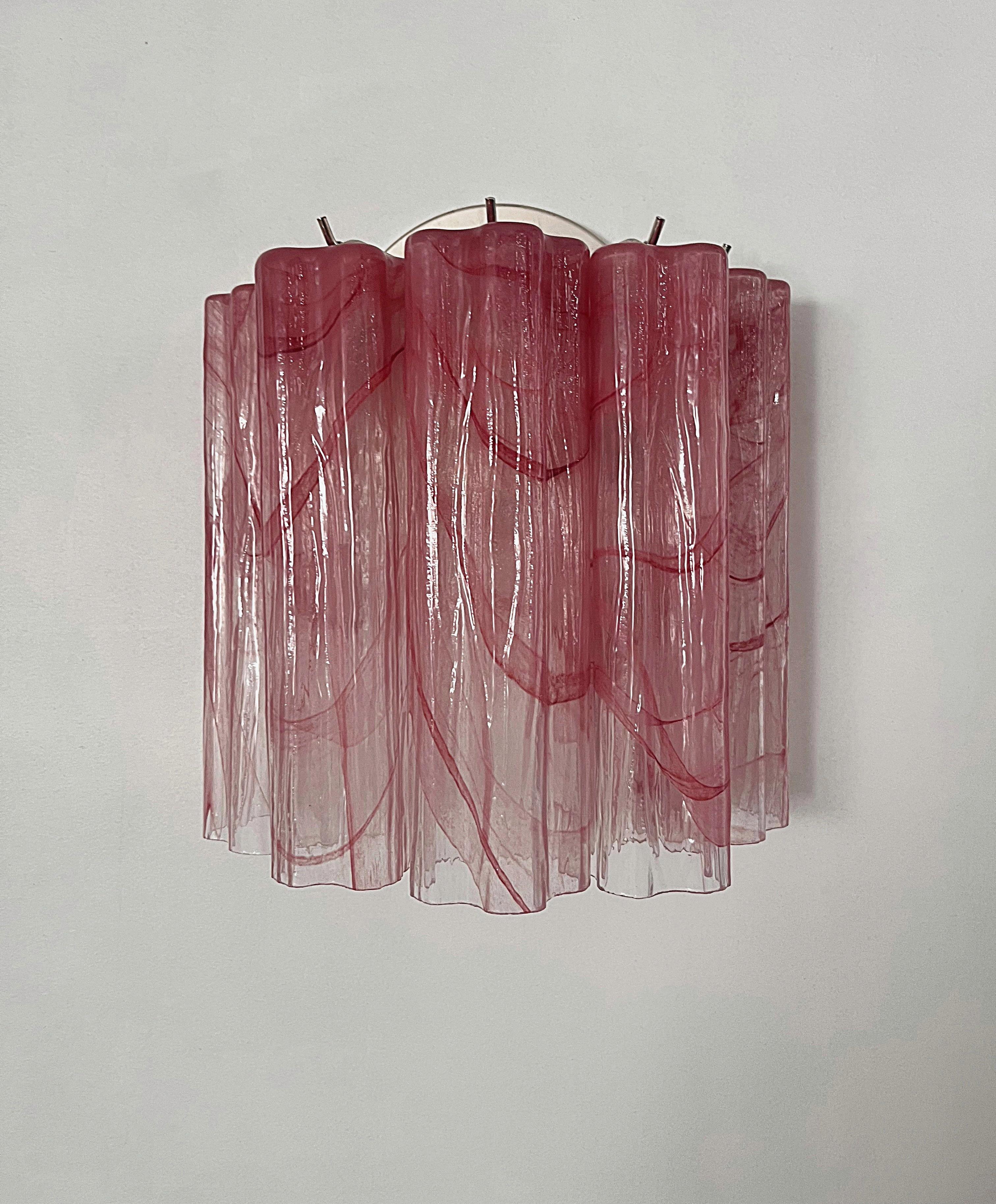 Galvanizzato Fantastic pair of Murano Glass Tube wall sconces - 5 pink alabaster glass tube in vendita