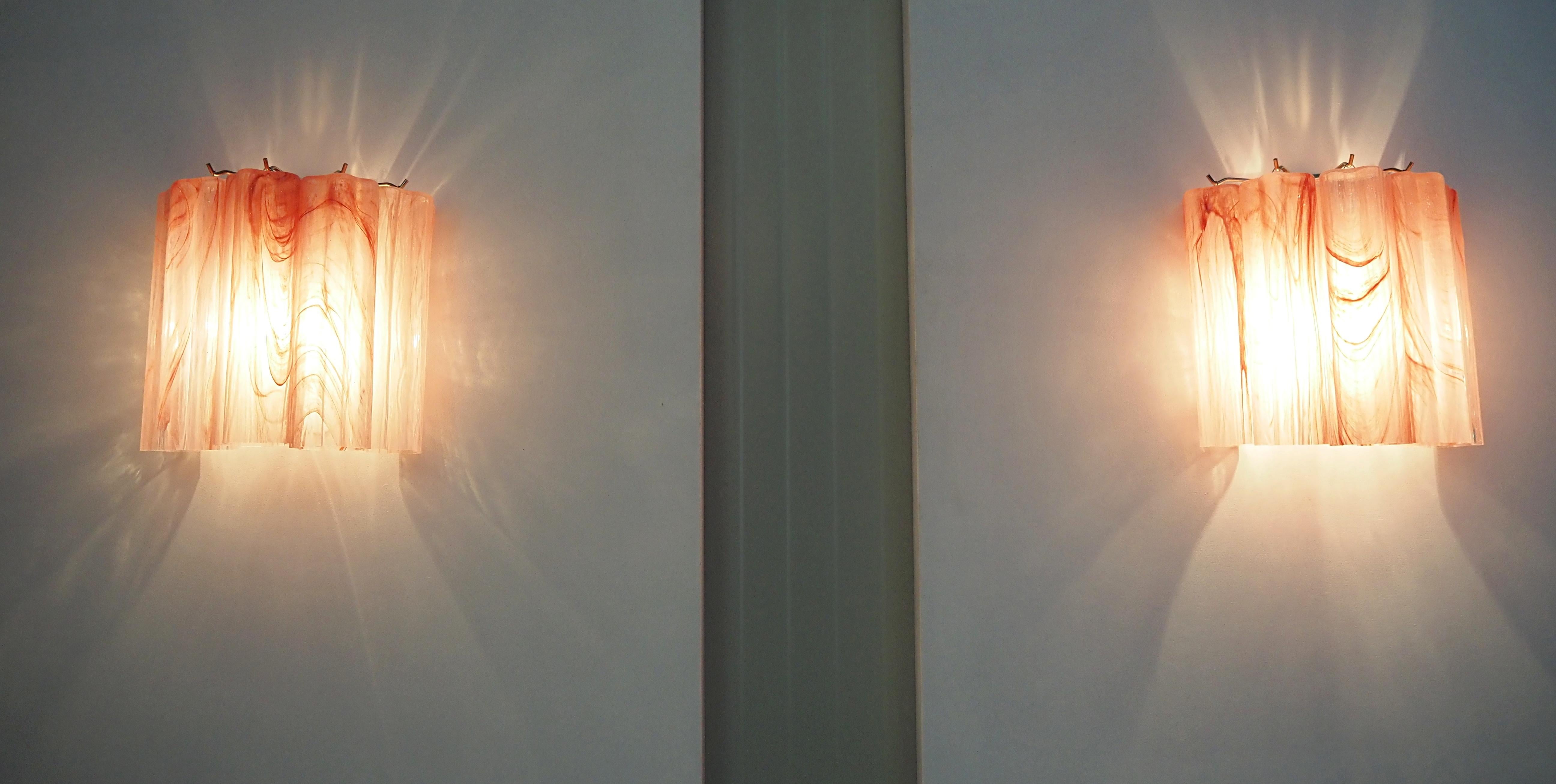20th Century Fantastic pair of Murano Glass Tube wall sconces - 5 pink alabaster glass tube