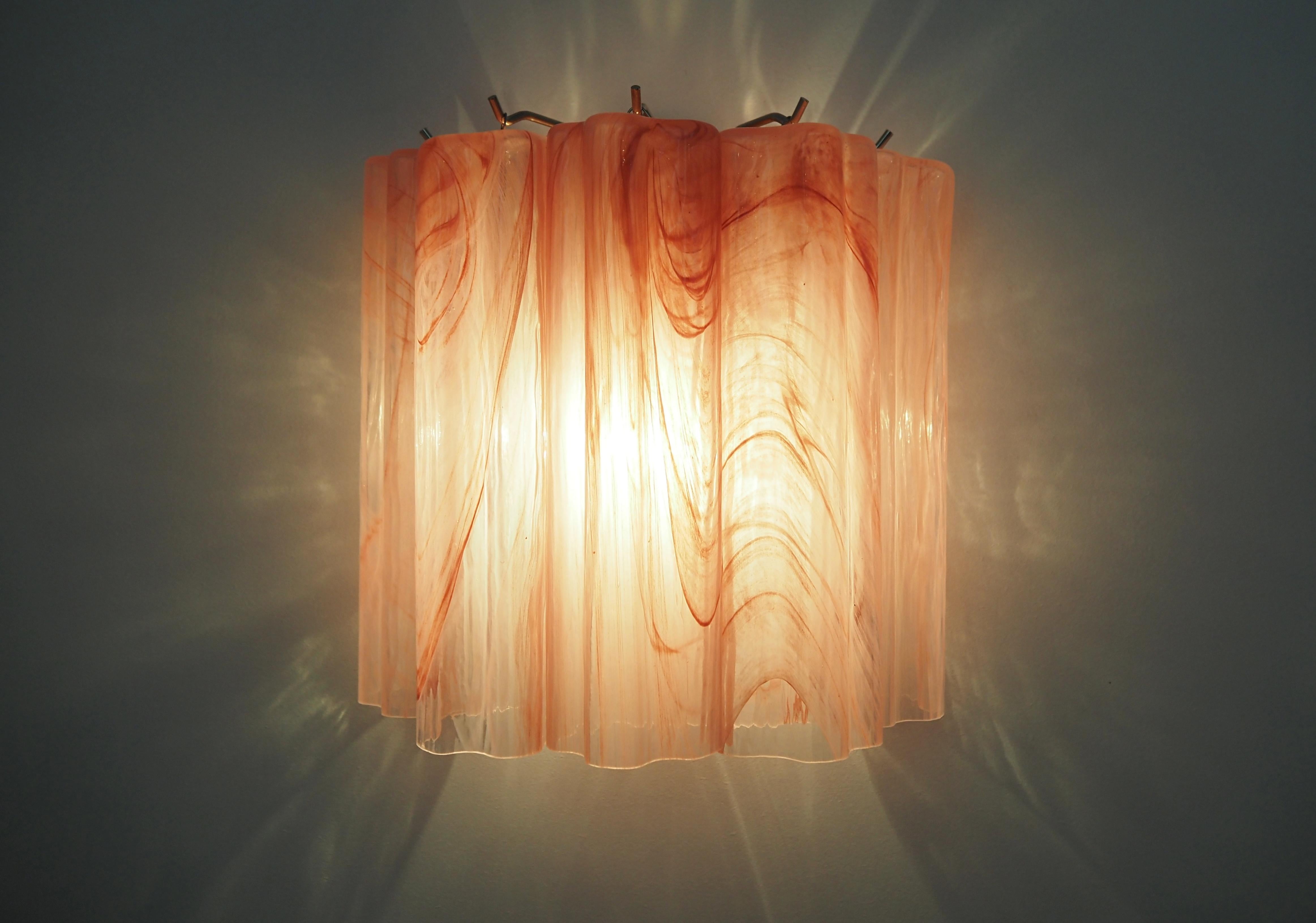 Blown Glass Fantastic pair of Murano Glass Tube wall sconces - 5 pink alabaster glass tube For Sale