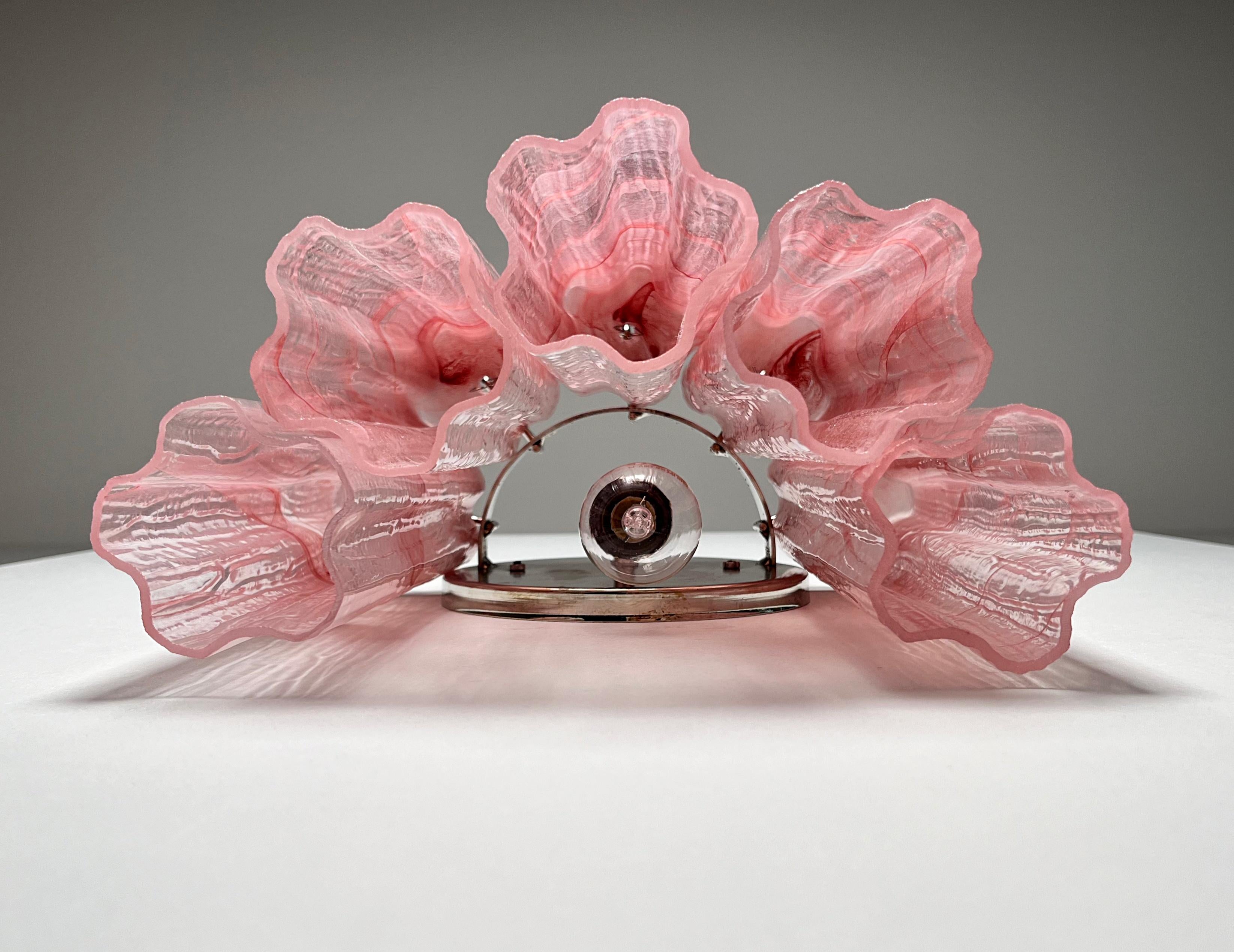 Vetro soffiato Fantastic pair of Murano Glass Tube wall sconces - 5 pink alabaster glass tube in vendita
