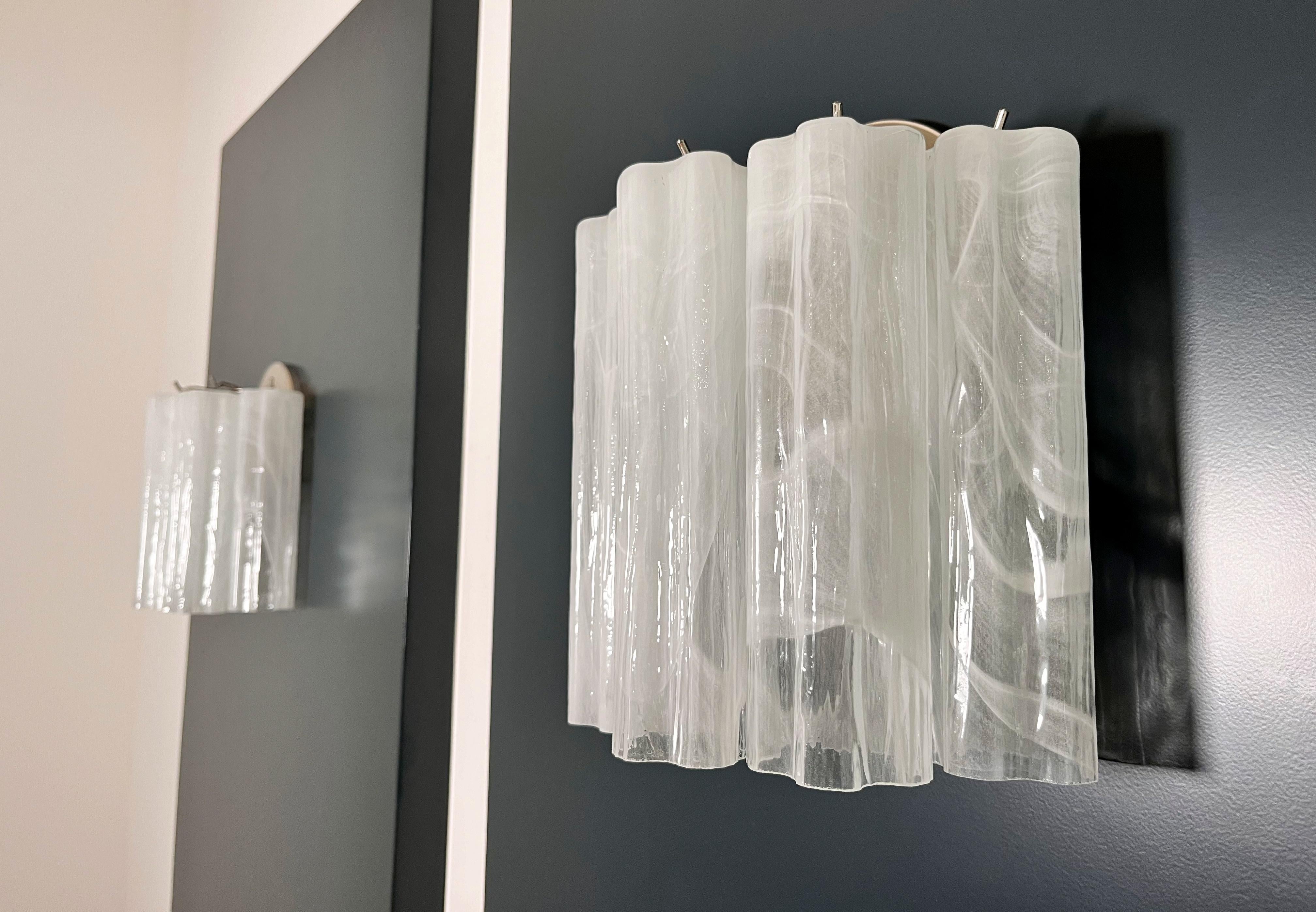 Galvanizzato Fantastic pair of Murano Glass Tube wall sconces - 5 white alabaster glass tube in vendita
