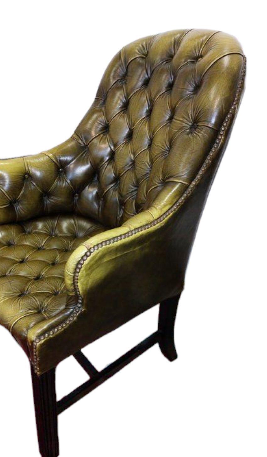 English Fantastic Pair of Olive Green Leather Library Chairs For Sale