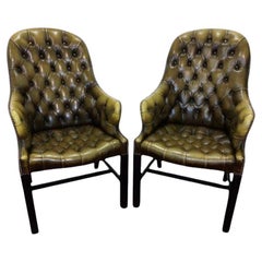 Fantastic Pair of Olive Green Leather Library Chairs