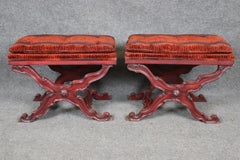 Fantastic Pair of Red and Black Glazed Carved French X Form Benches Circa 1950