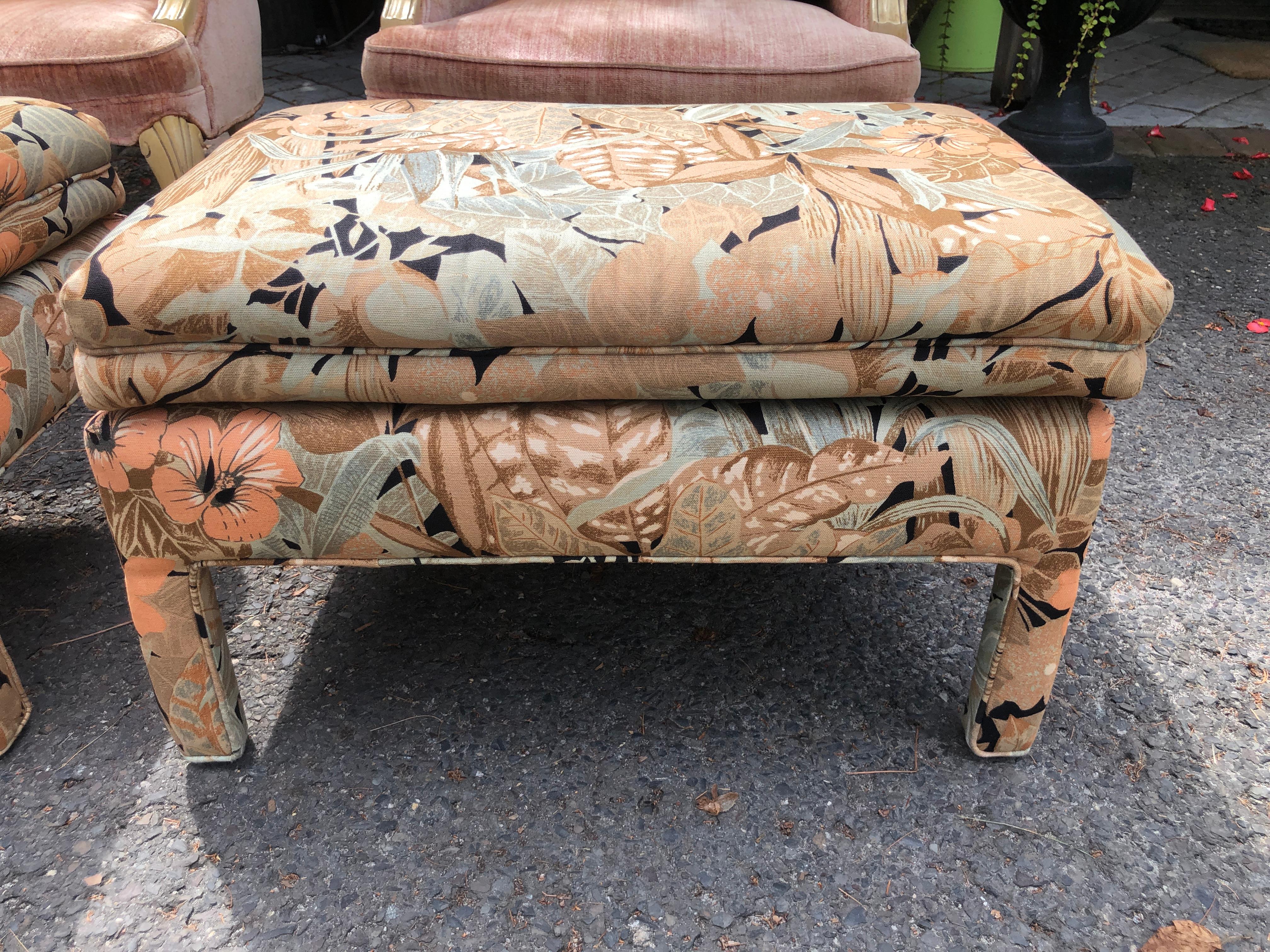 Mid-Century Modern Fantastic Pair Upholstered Floral Linen Ottoman For Sale