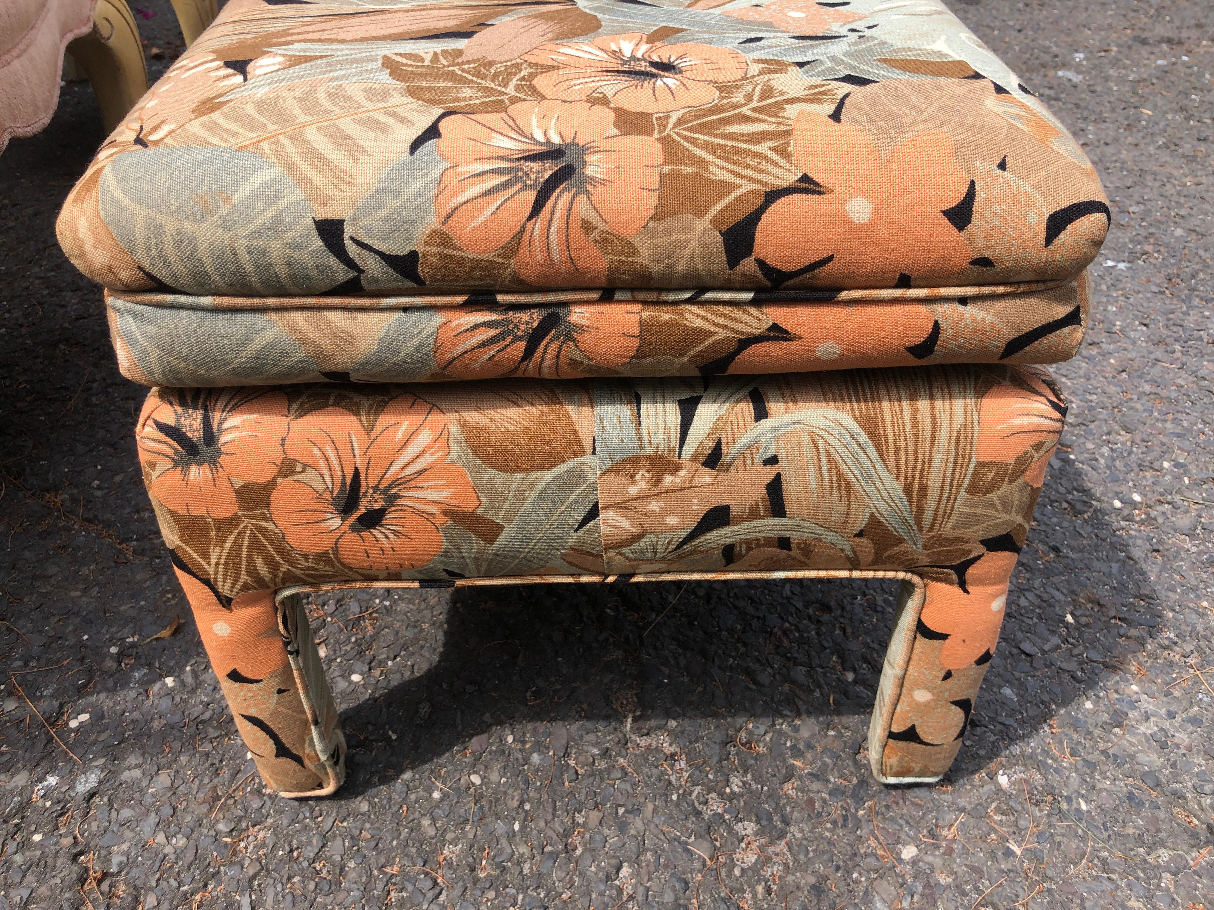 Mid-20th Century Fantastic Pair Upholstered Floral Linen Ottoman For Sale