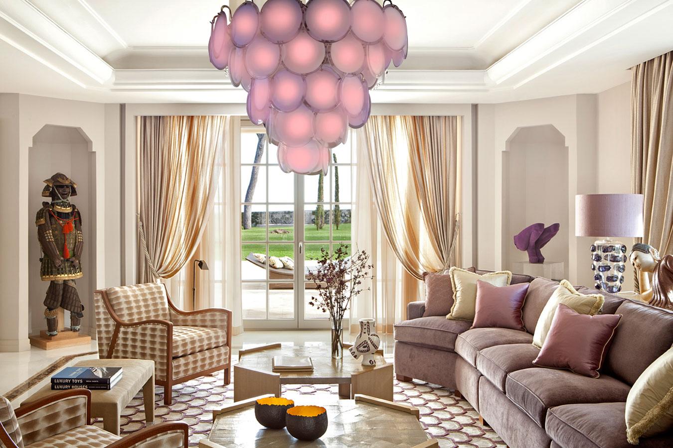 Fantastic Pink Amethyst Murano Disc Chandelier 1970s In Excellent Condition For Sale In Rome, IT