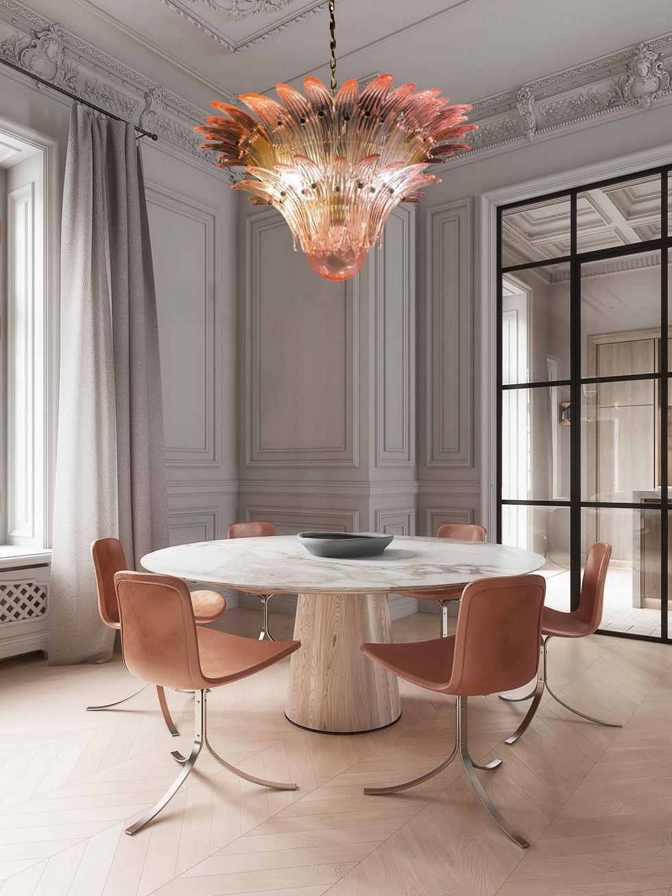 Luxury pink Palmette Murano glass chandelier with a gold metal frame.
Available also a pair and a pair of sconces.
8 light bulbs, E27 dimension
Dimensions: Chandelier 43.30 inches (110 cm), height with chain. Without chain 21.6 inches (55 cm)
37.40