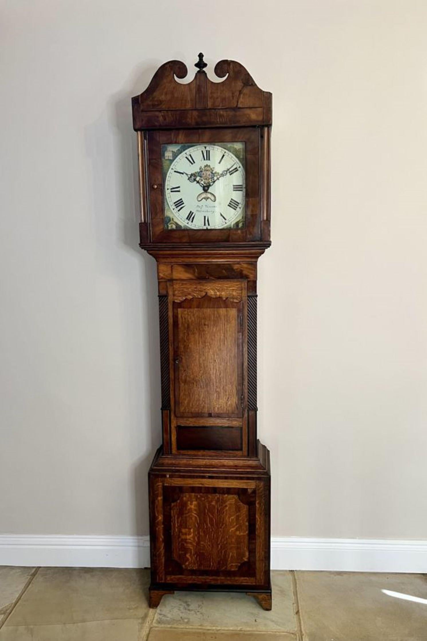 Fantastic quality 18th century oak and mahogany longcase clock, having a snub swan neck and finial with a square pillar hood containing a beautiful floral painted dial with Roman numerals and the original hands, signature to the face 'Mos Tanner