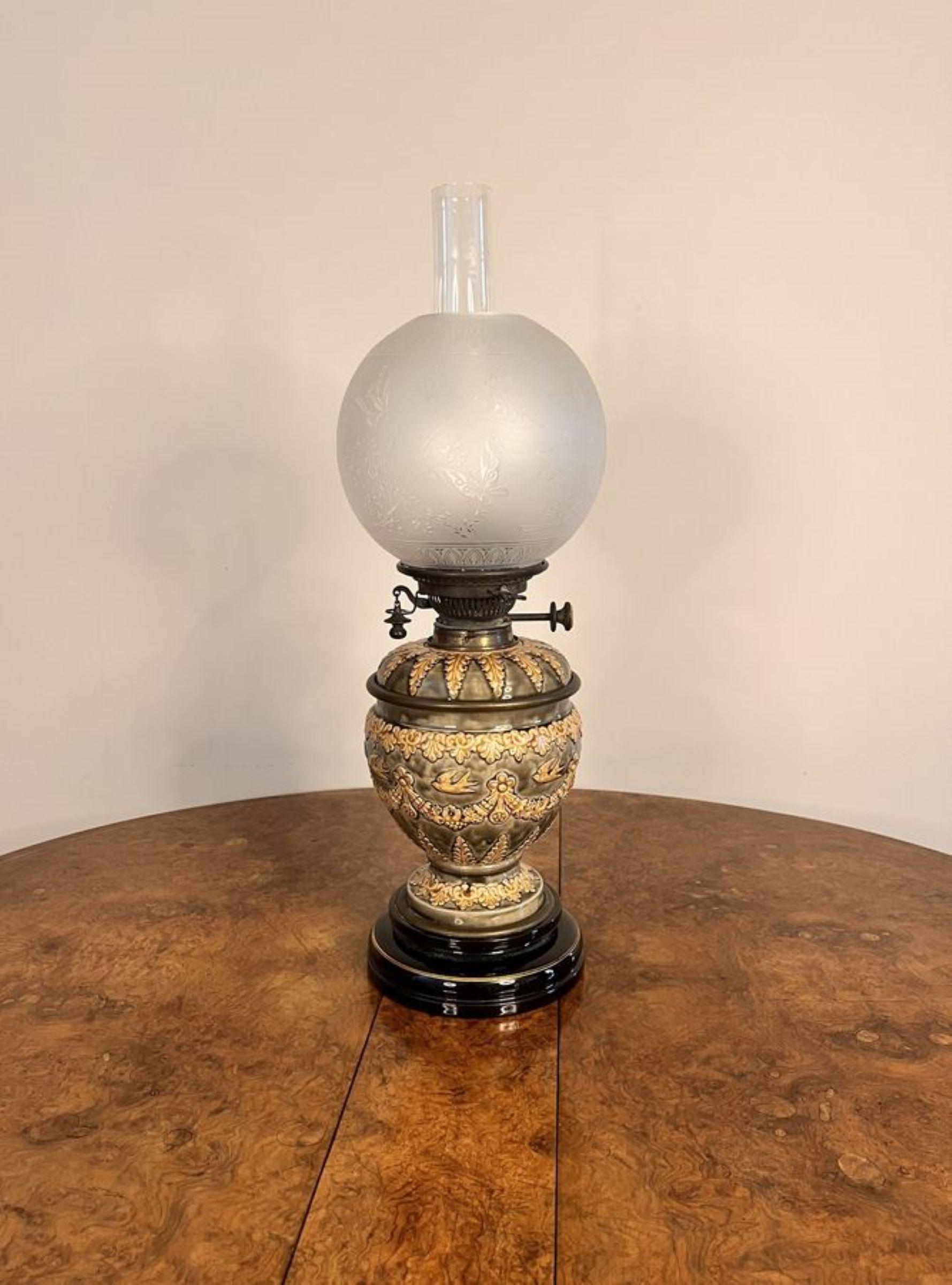 Ceramic Fantastic quality antique Doulton Lambeth Victorian oil lamp  For Sale