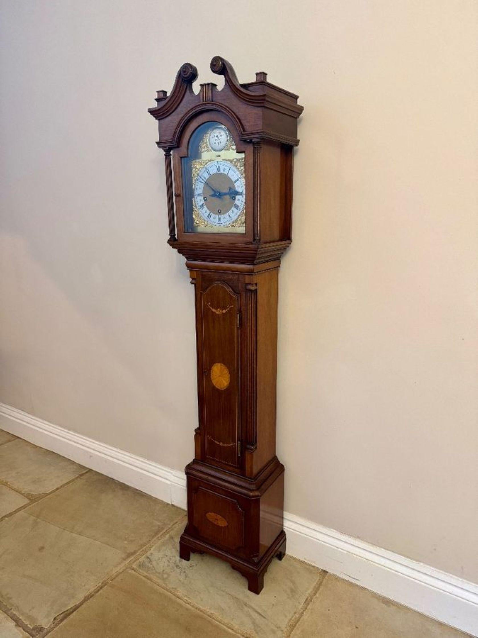 Brass Fantastic quality antique Edwardian mahogany inlaid chiming grandmother clock For Sale
