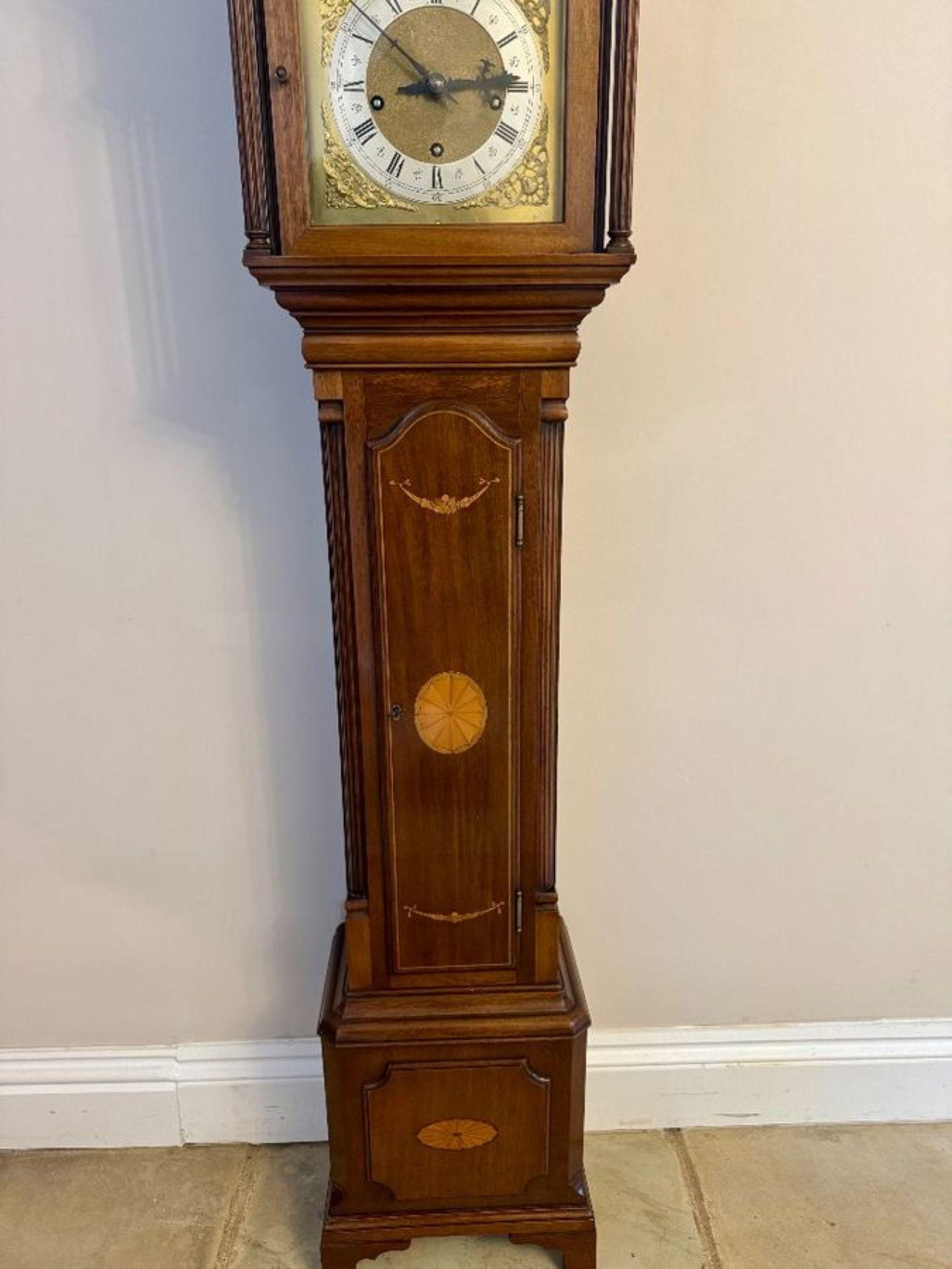 Fantastic quality antique Edwardian mahogany inlaid chiming grandmother clock For Sale 1
