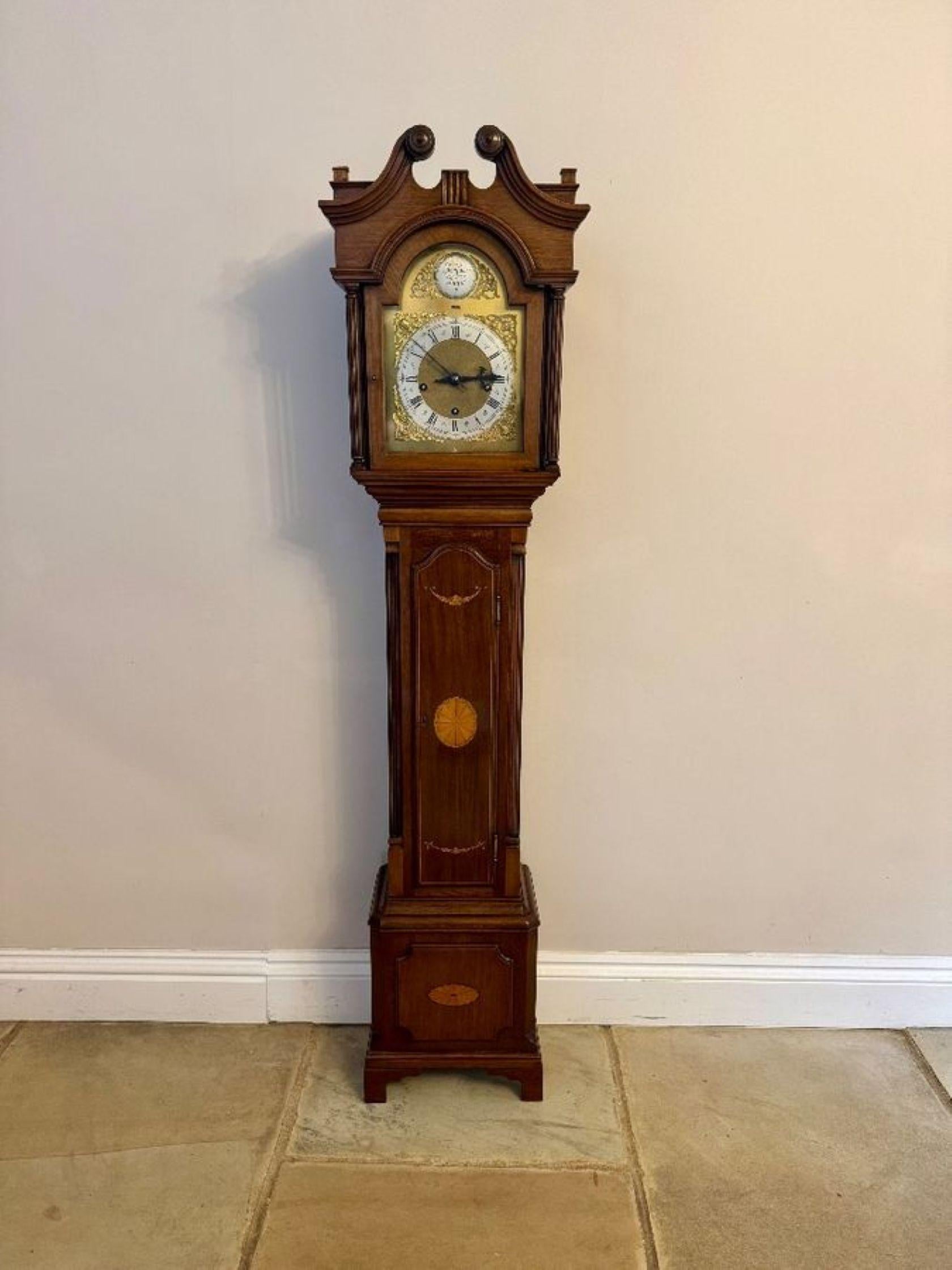Fantastic quality antique Edwardian mahogany inlaid chiming grandmother clock For Sale 2