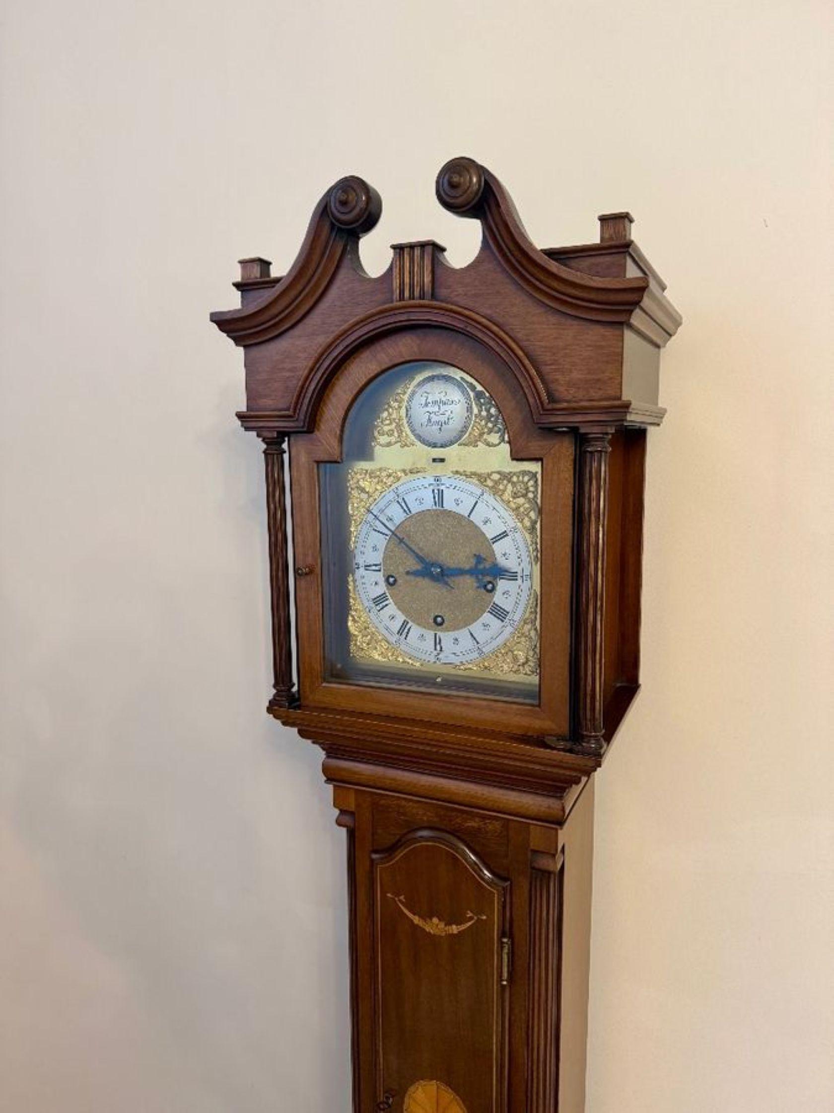 Fantastic quality antique Edwardian mahogany inlaid chiming grandmother clock For Sale 3