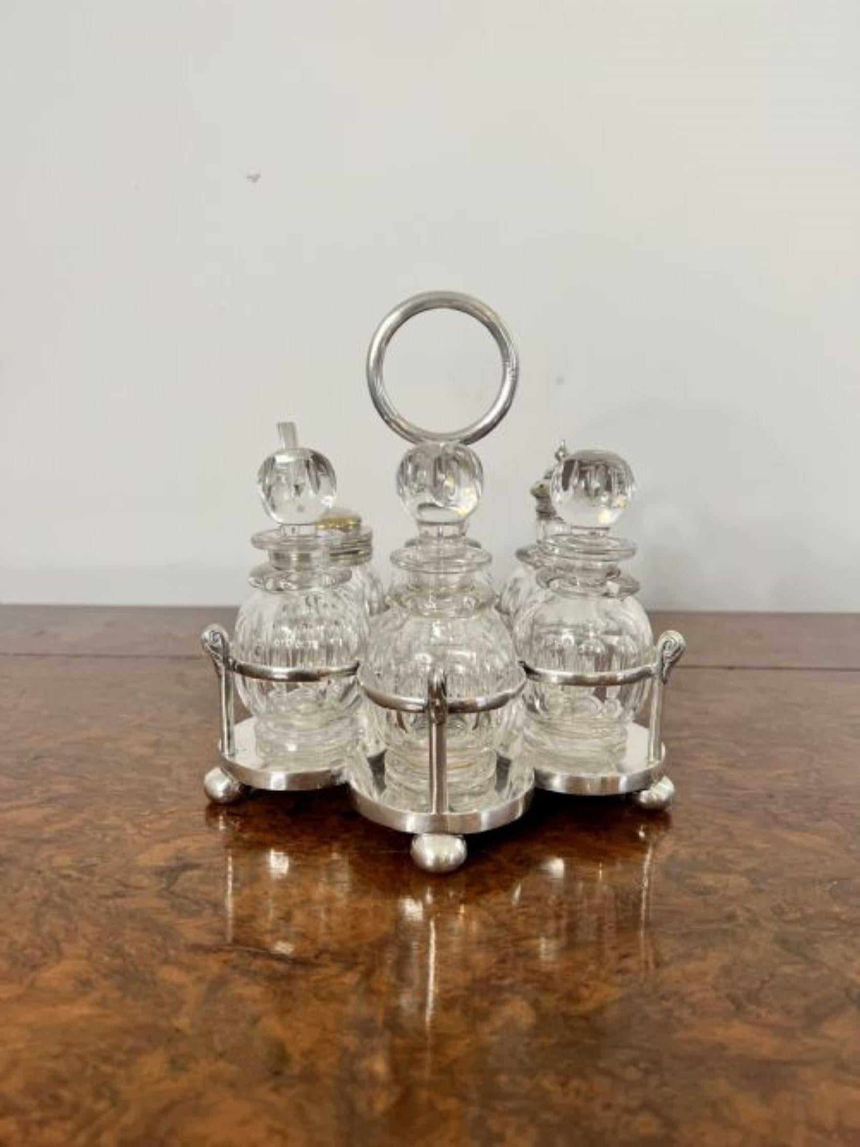 Fantastic quality antique Edwardian silver plated cruet set having a quality silver plated shaped stand with a circular handle to the middle with six original glass bottles with silver plated tops for salt, pepper, vinegar, mustard and oils.