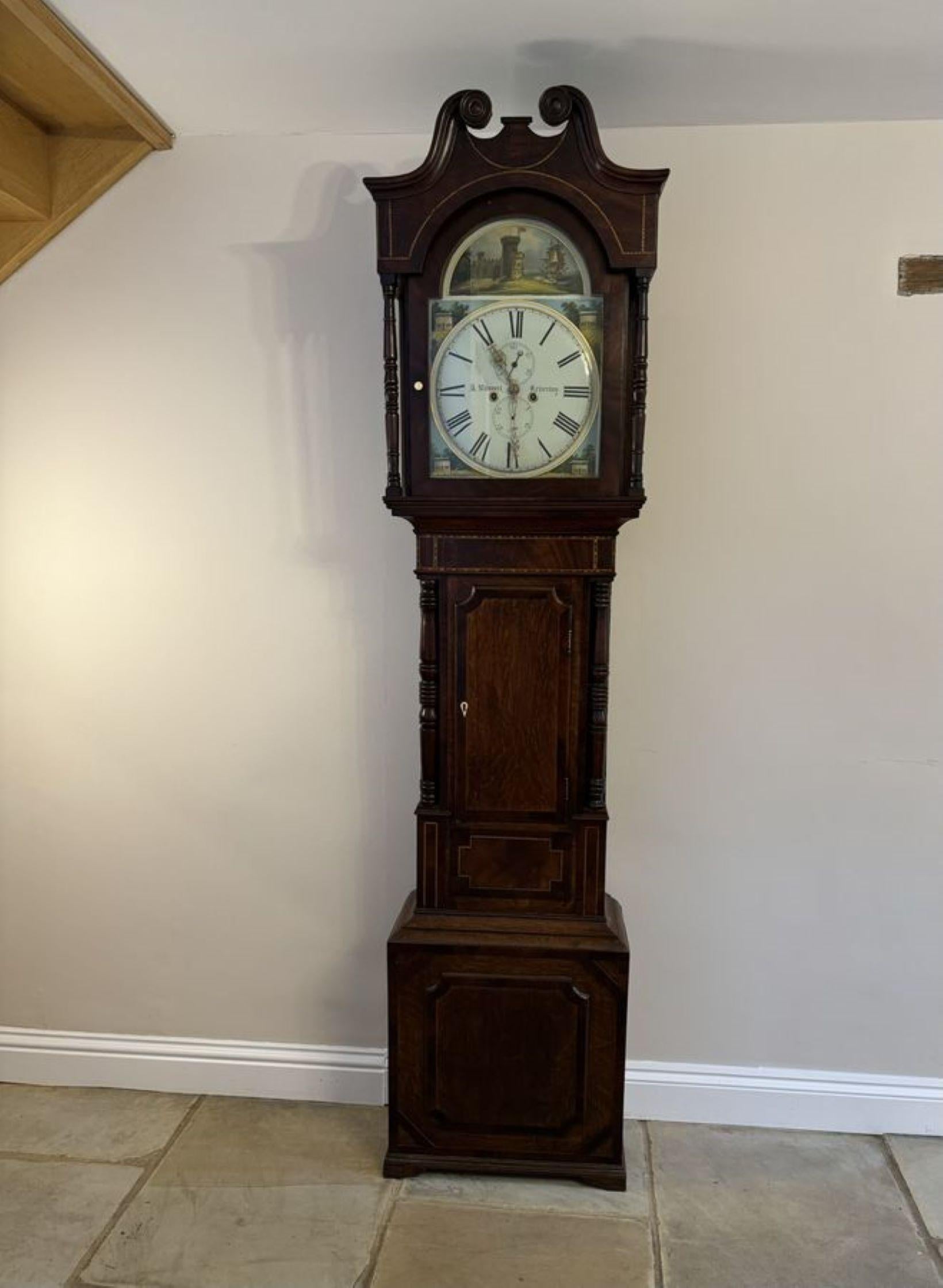 Fantastic quality antique George III mahogany and oak longcase clock with a painted dial decorated with castles, country houses the sea and a ship in beautiful green, blue and brown colours, having a swan neck pediment, in an oak and mahogany cross