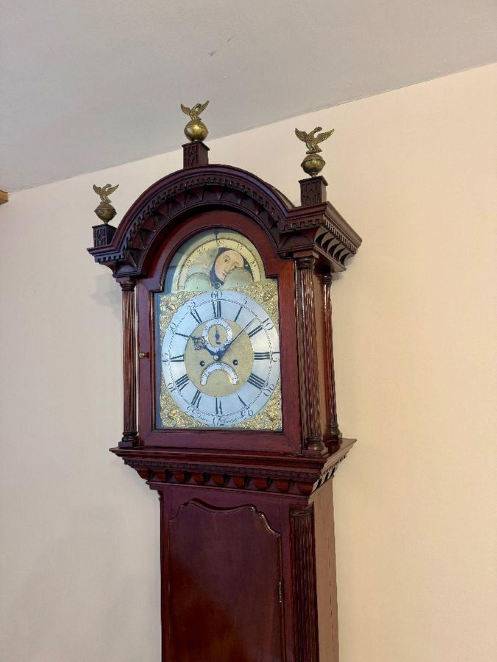 Fantastic quality antique George III mahogany eight day longcase clock with rolling moonphasefoden, congleton CIRCA 1780.
The four pillar inside pinned countwheel bell striking movement with anchor escapement regulated by seconds pendulum, the 12
