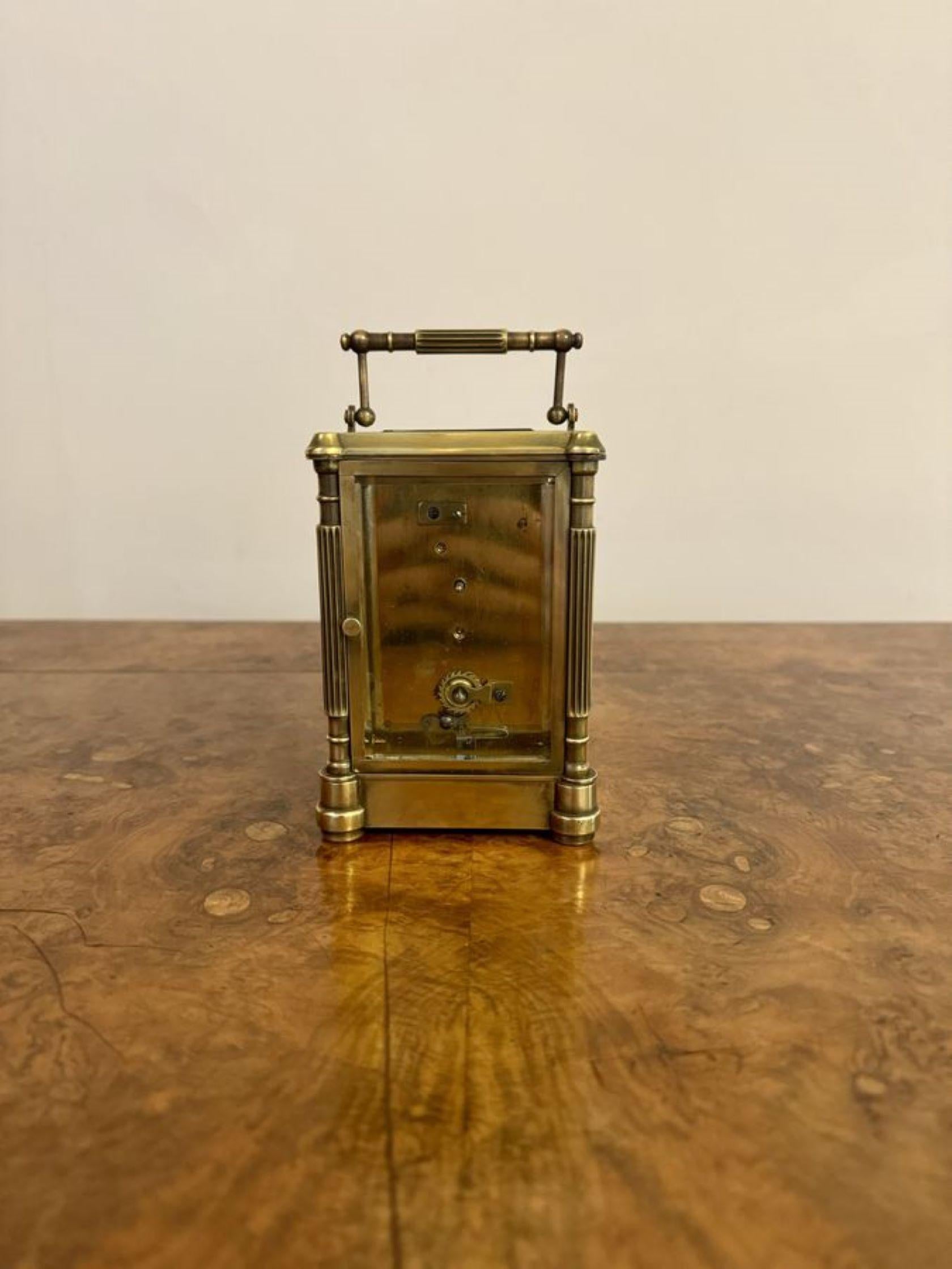 Fantastic quality antique Victorian brass carriage clock, having a fine quality Victorian carriage clock with an eight day French movement, Roman Numerals and the original hands, a brass case with a bevelled edge and glass panels.
All clocks get