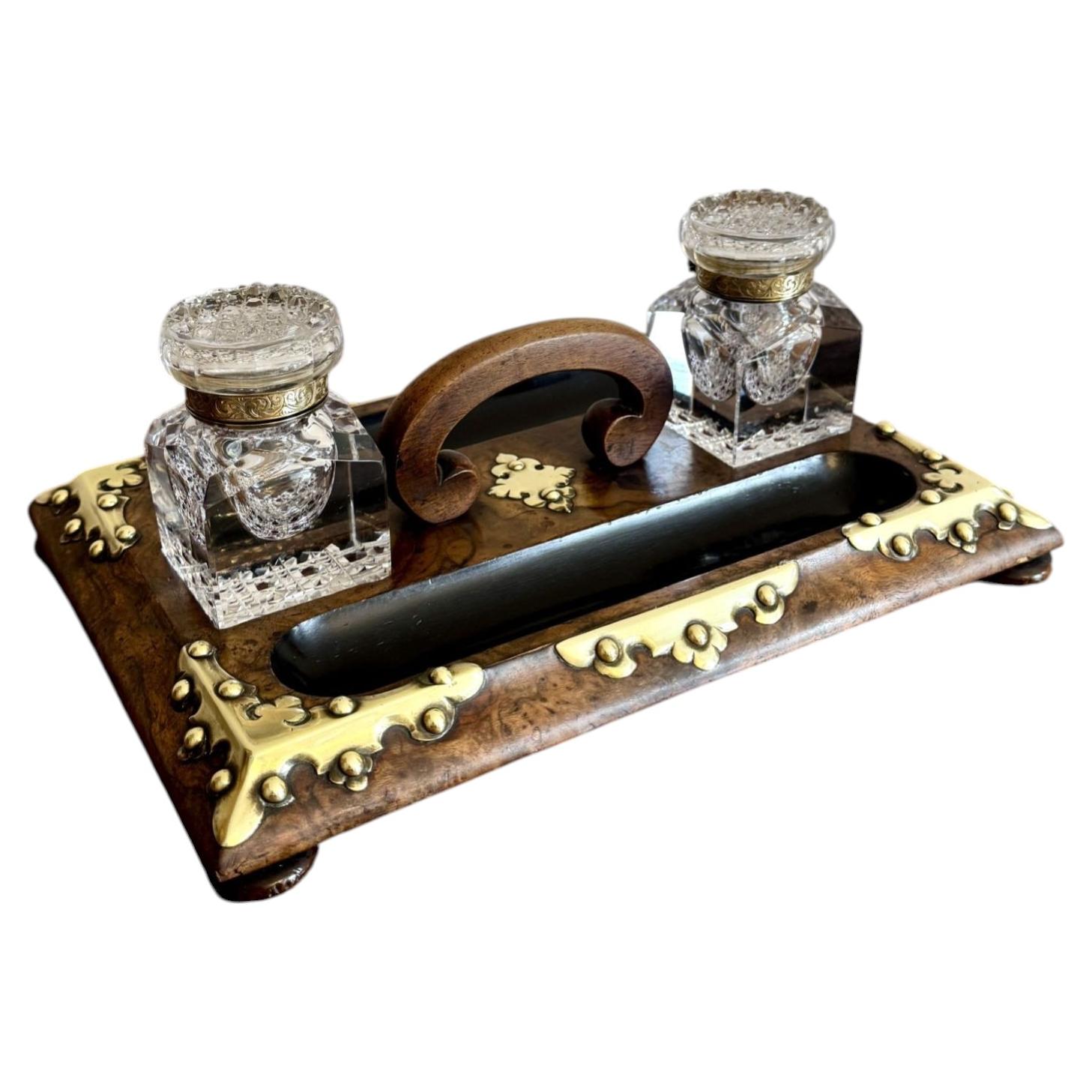 Fantastic quality antique Victorian burr walnut brass mounted double sided desk For Sale