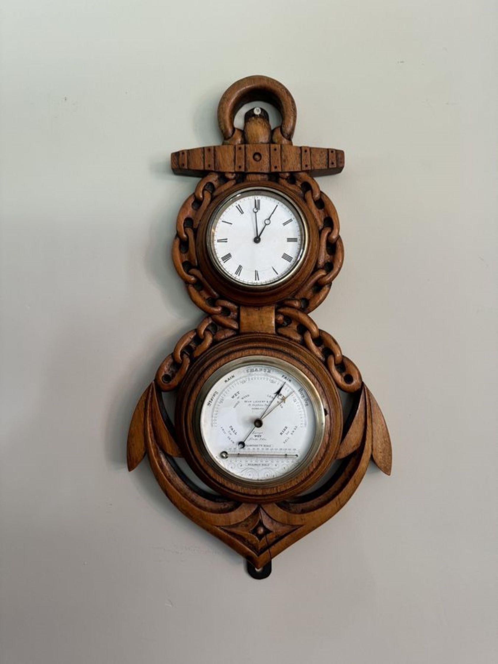Fantastic quality antique Victorian carved oak banjo clock barometer having a quality carved oak case in the form of an anchor surrounding the two porcelain dials, signed Beha Lickert & Co, St Stephens plain, Norwich.

D. 1860