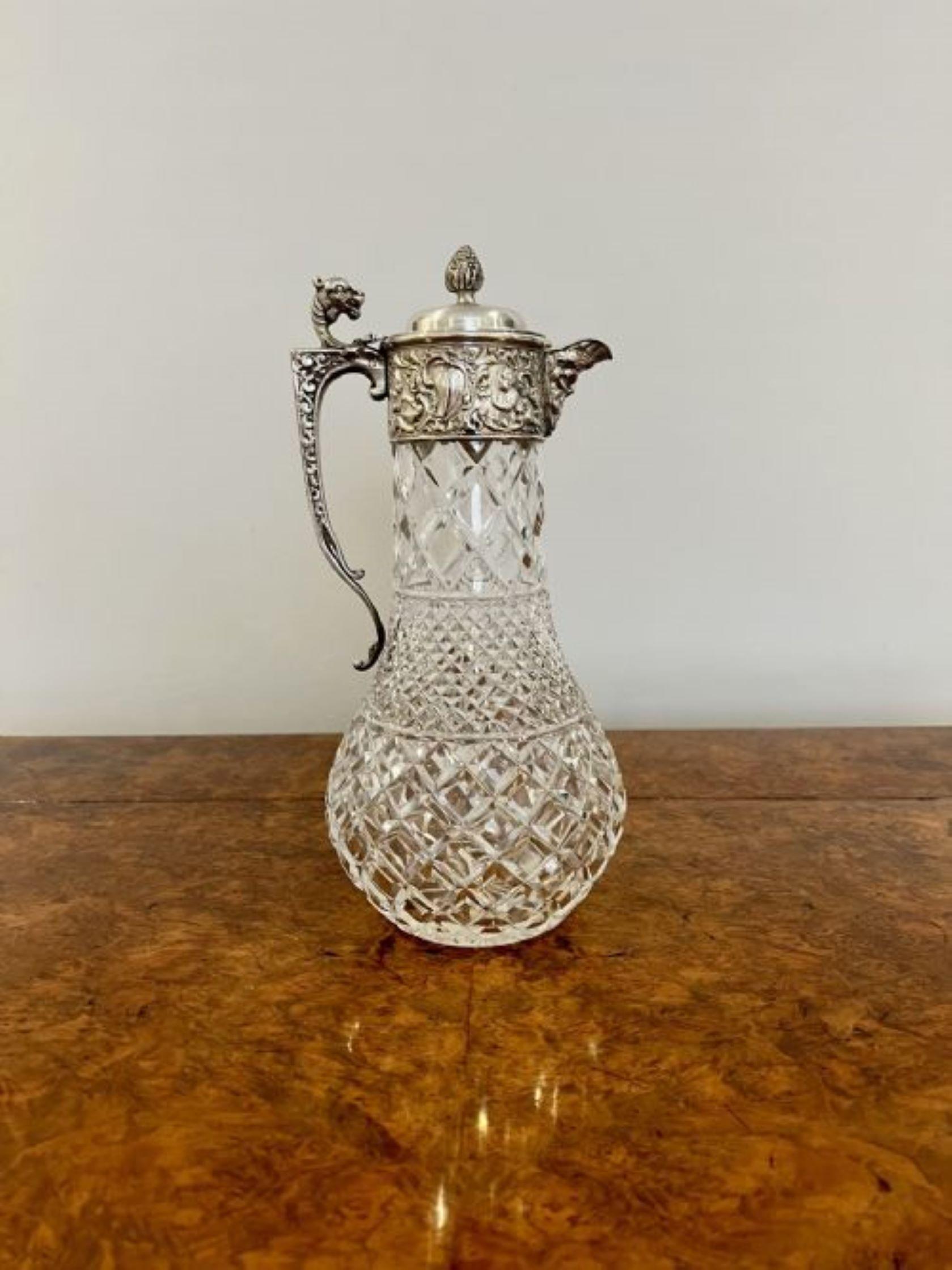 Silver Plate Fantastic quality antique Victorian cut glass and silver plated claret jug  For Sale