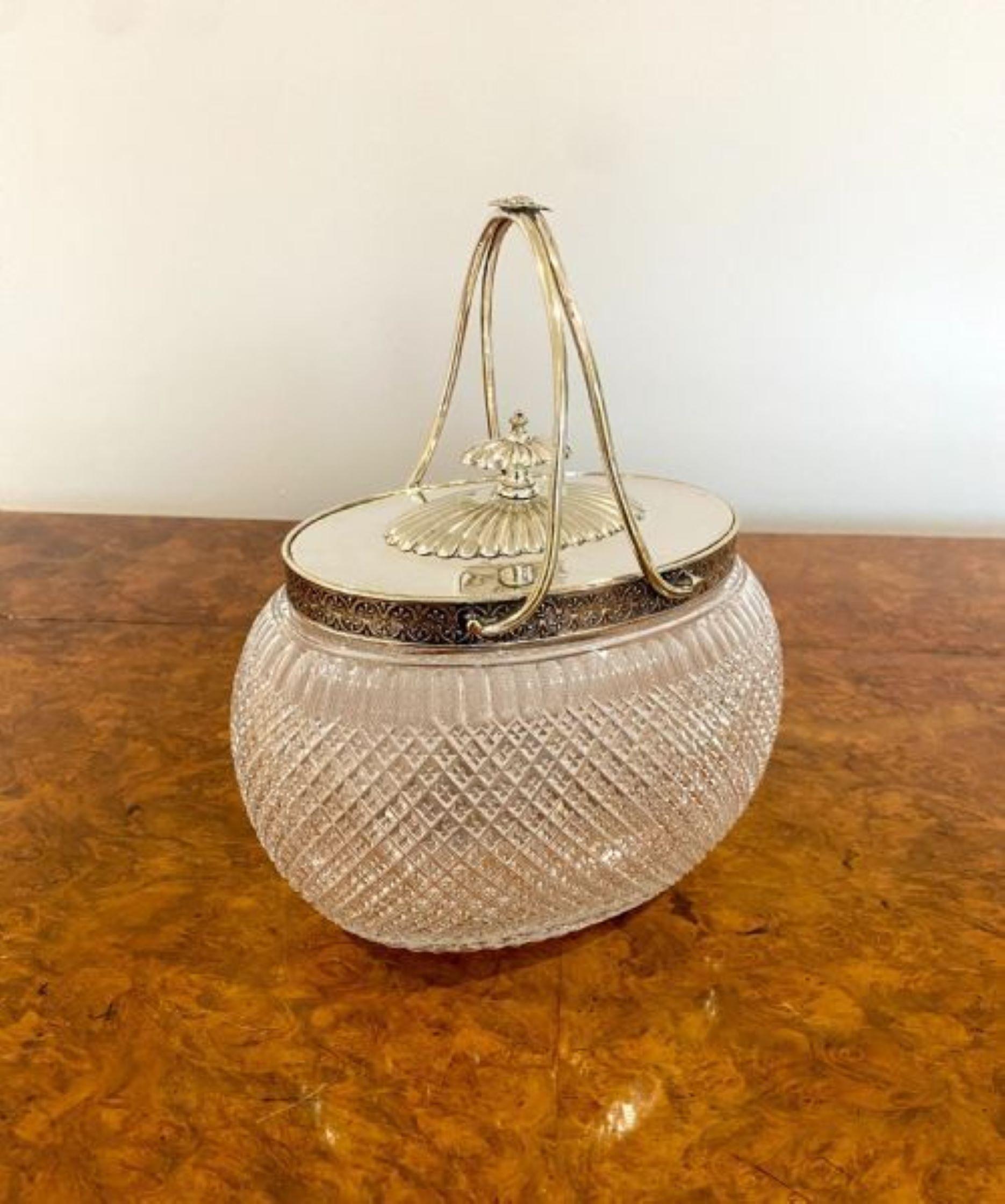 Fantastic quality antique Victorian cut glass & silver plated biscuit barrel, having a fantastic quality cut glass shaped biscuit barrel with a ornate silver plated lift off lid. 