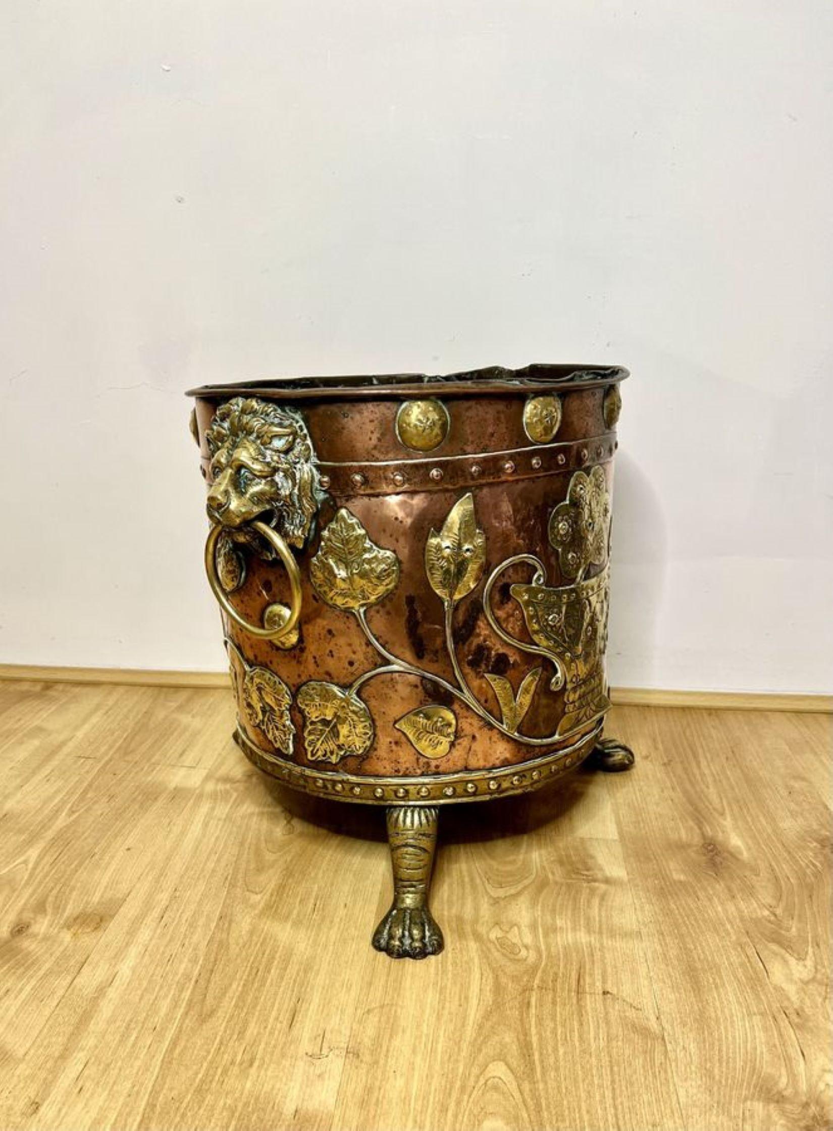 Fantastic quality antique Victorian Dutch copper and brass coal bucket  2