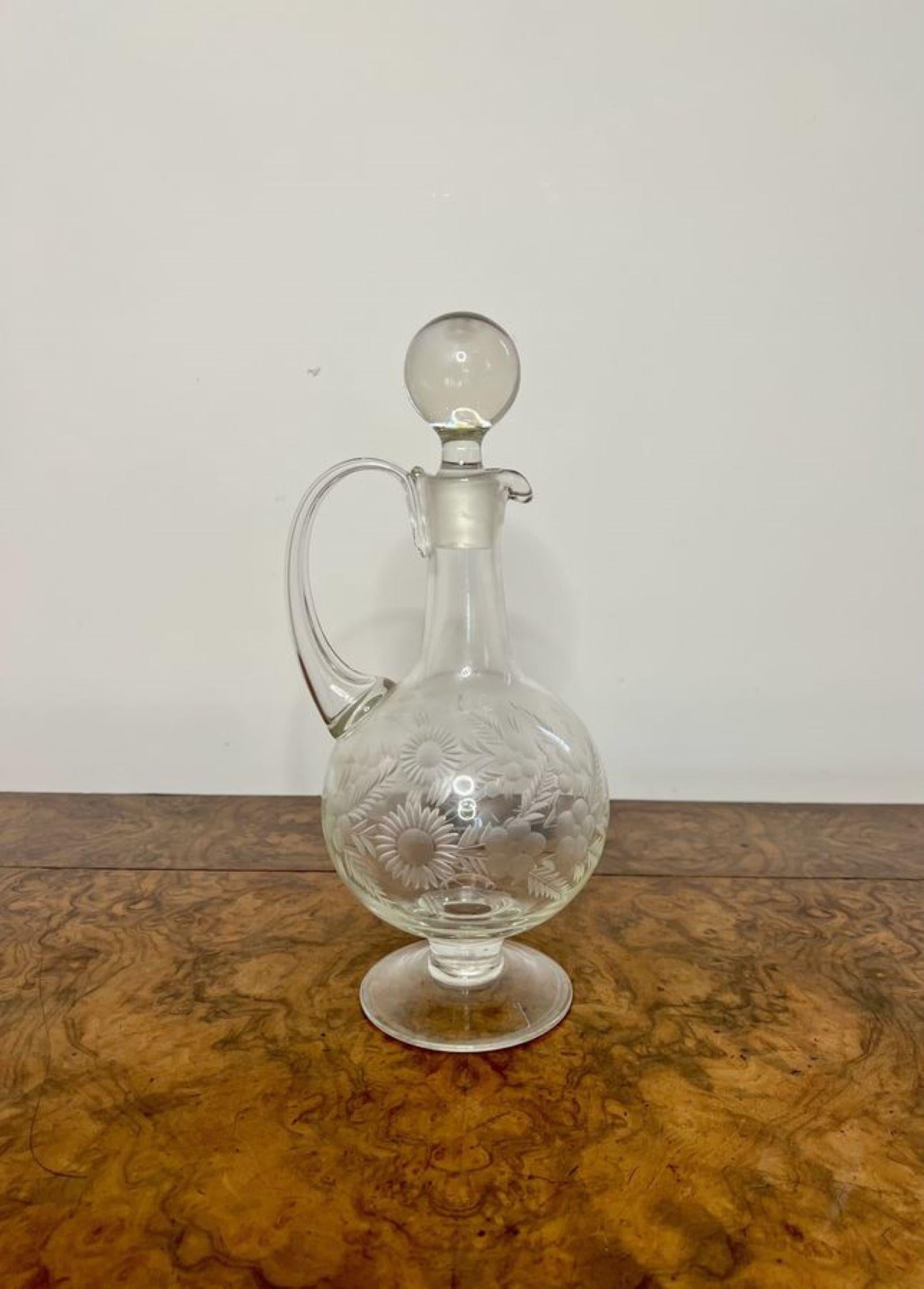 Fantastic quality antique Victorian glass ewer having a fantastic quality antique Victorian cut glass ewer with a shaped handle to the back, the original glass stopper raised on a circular base.

D. 1880