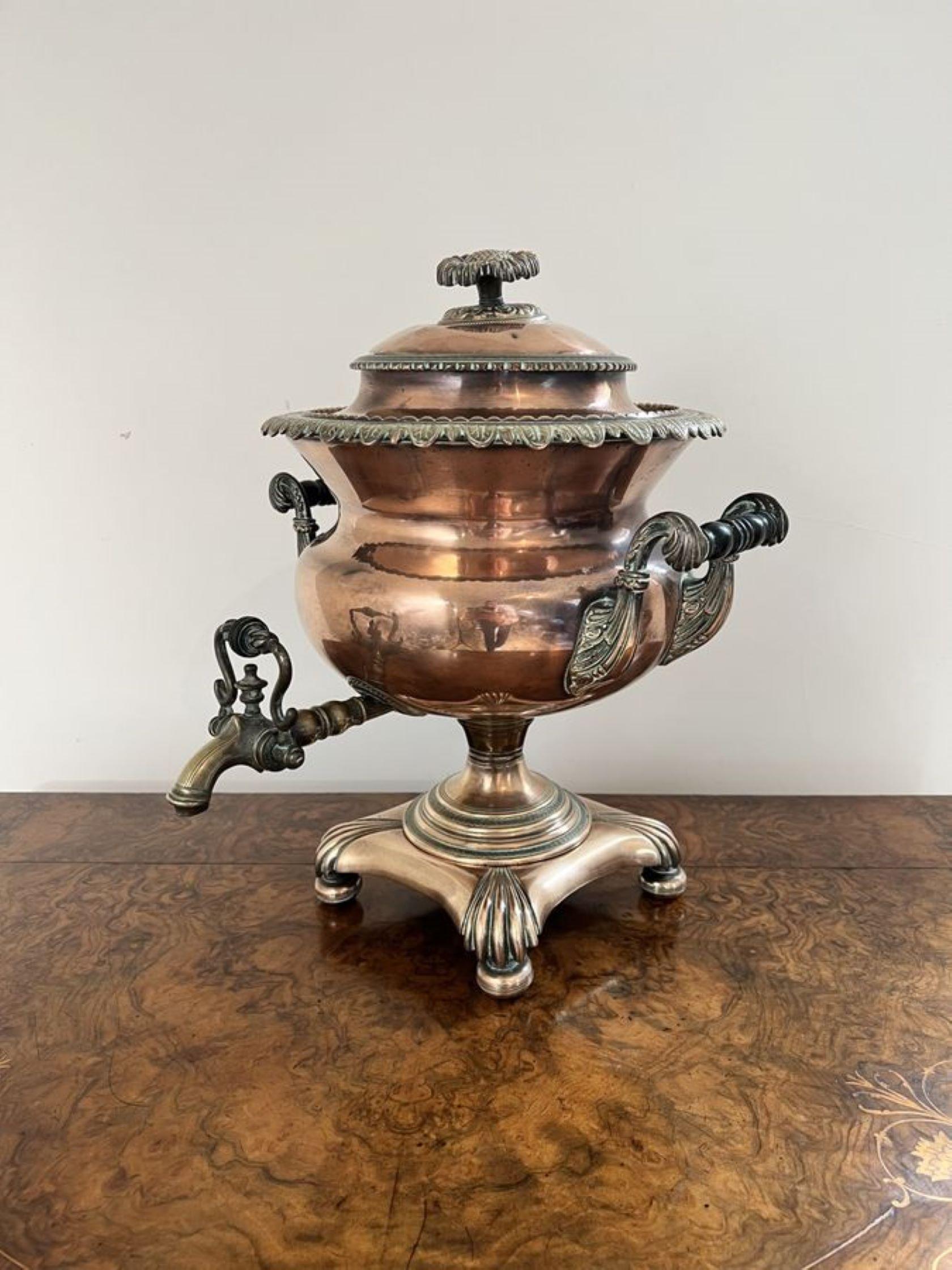 Fantastic quality antique Victorian large copper samovar having a fantastic quality antique Victorian large copper samovar with engraved decoration and ornate detailing, with a lift off lid and the original detailed knob with two carrying handles to