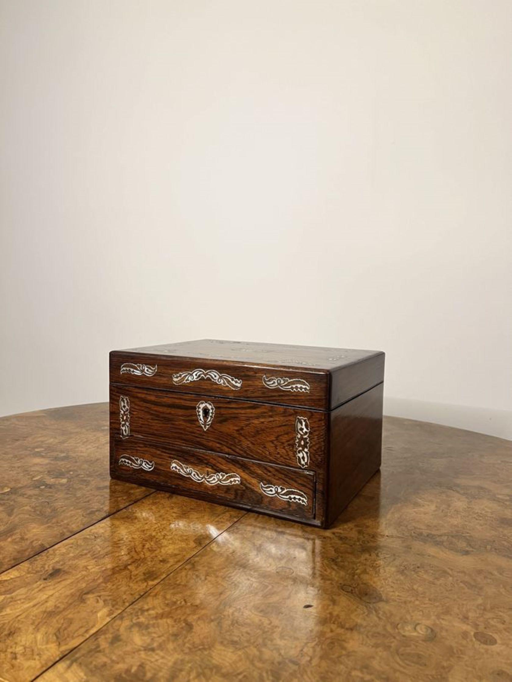 Fantastic quality antique Victorian rosewood and mother of pearl inlaid work box having a quality antique Victorian work box with stunning mother of pearl inlay, with a lift up lid opening to reveal a removable tray for sewing accessories and a