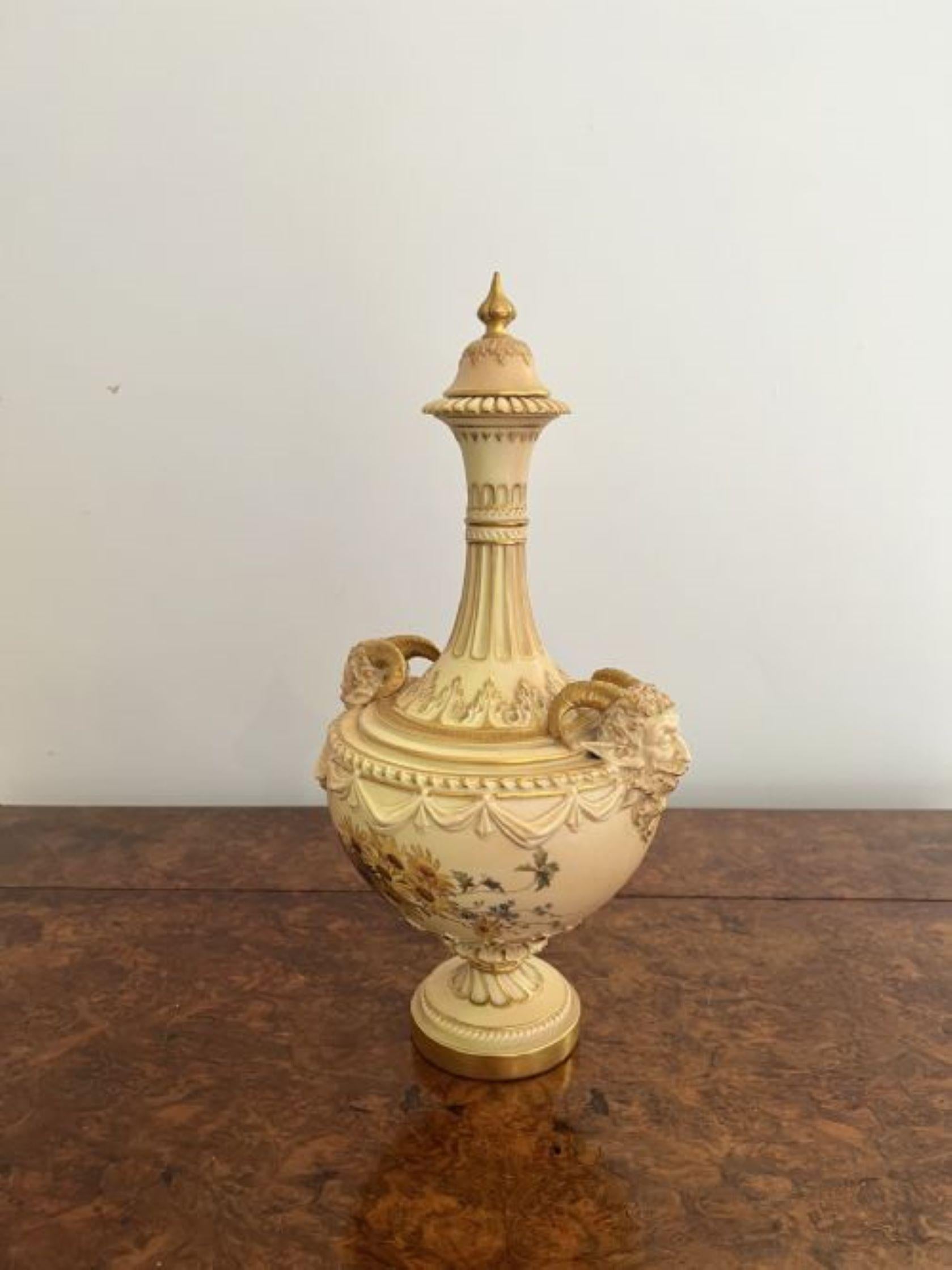 Fantastic quality antique Victorian Royal Worcester vase by Edward Raby, having a fantastic quality Royal Worcester blush ivory vase, decorated with wild flowers and foliage in fantastic yellow, green, red and blue colours with gilt detail