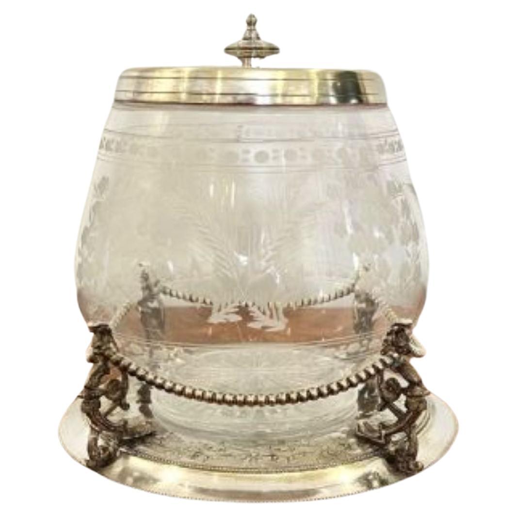 Fantastic quality antique Victorian silver plate and glass biscuit barrel