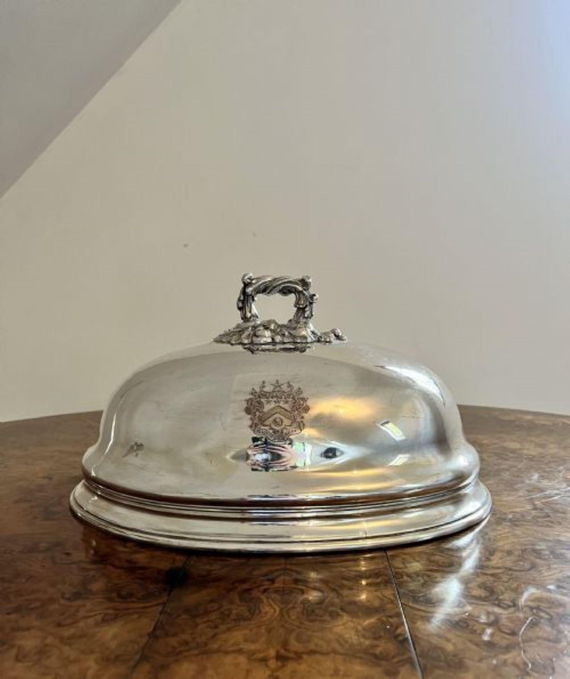 Fantastic quality antique Victorian silver plated meat cover, having a quality oval shaped meat cover with an ornate handle to the top and engraving to the front.