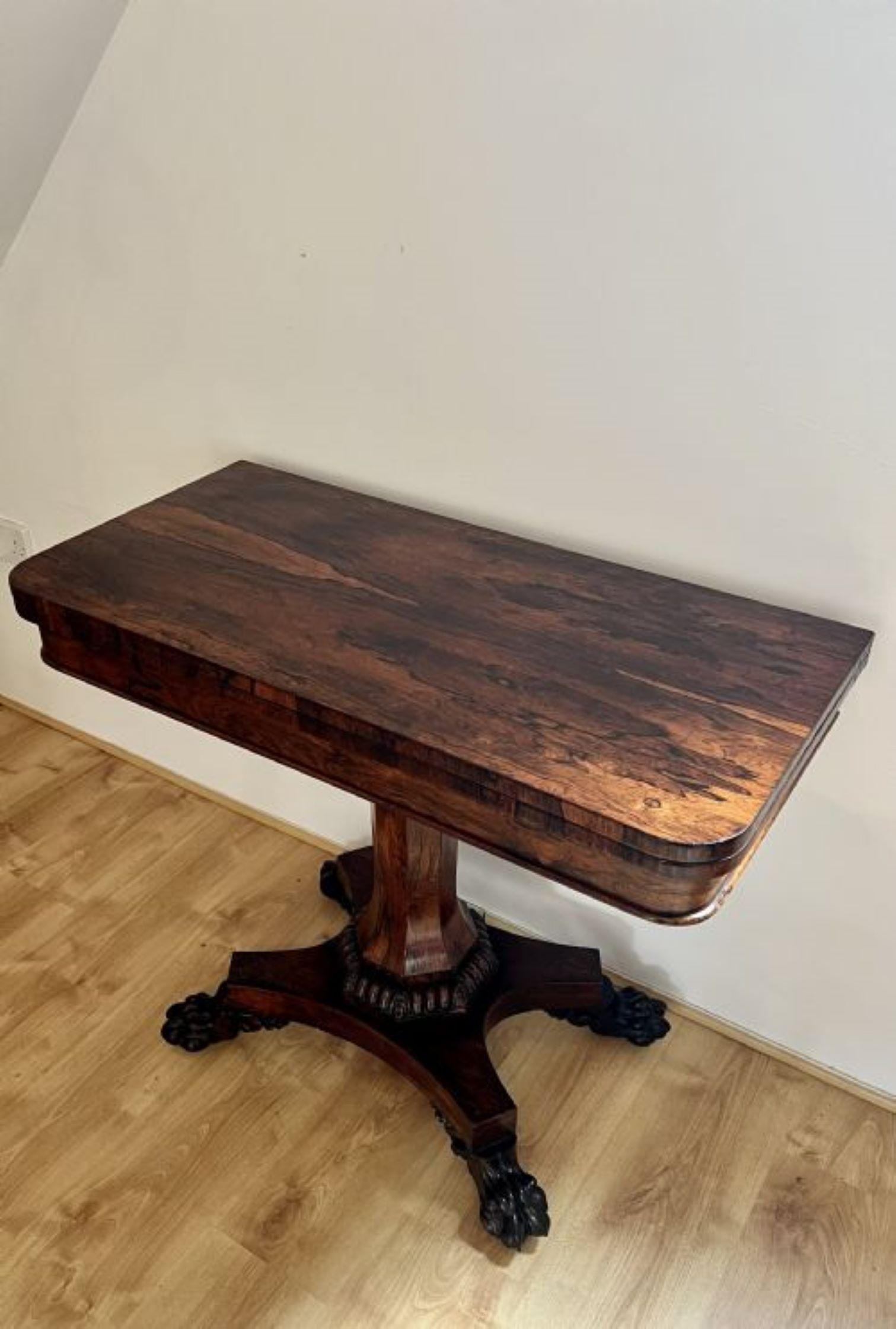 Fantastic quality Antique William IV rosewood card table with a fine quality figured rosewood top that lifts up and smiles to reveal a green baize interior, super carved frieze supported by a lovely shaped figured rosewood pedestal and finishing on