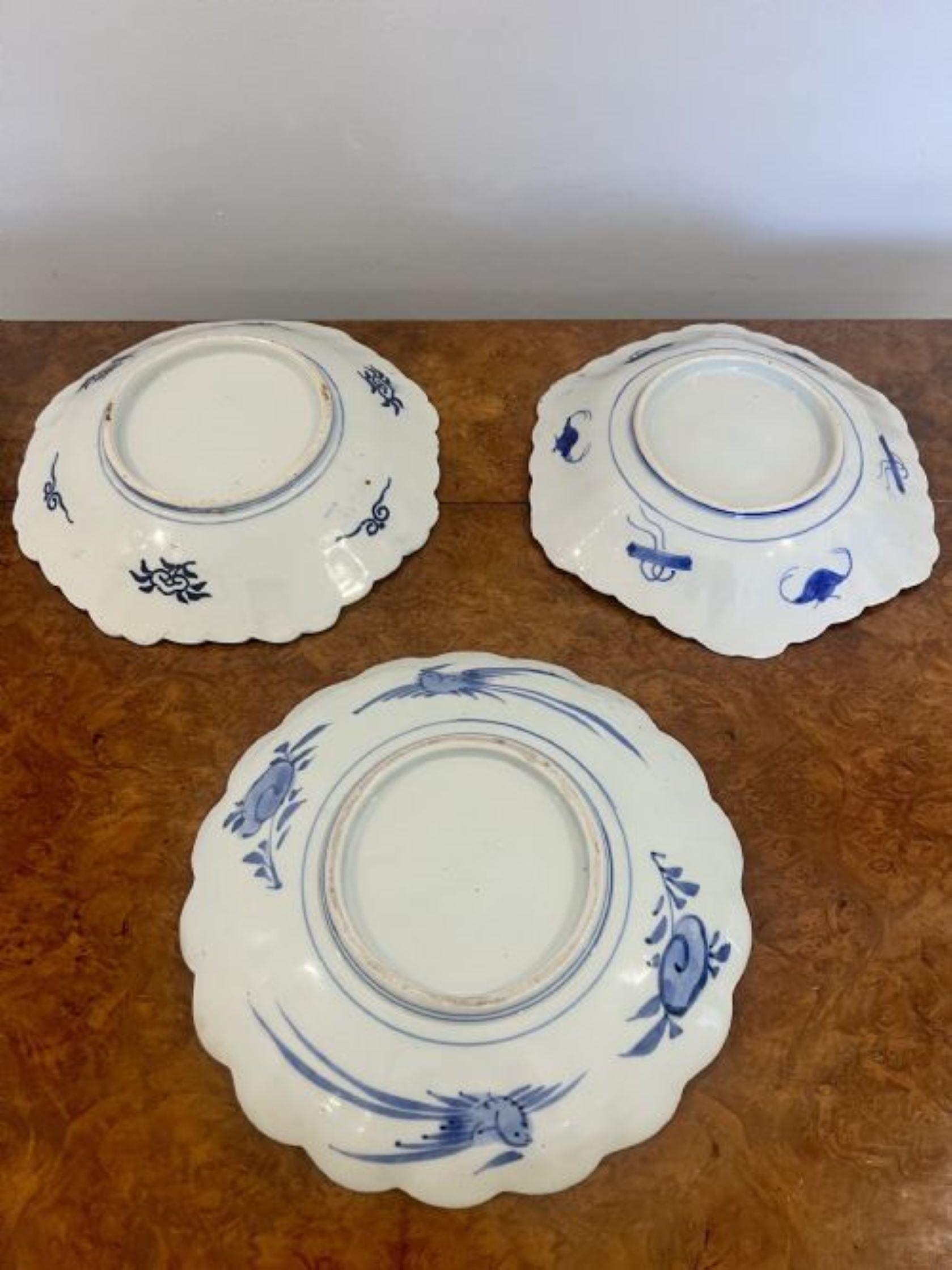 Fantastic quality collection of three Japanese scalloped shaped imari plates having three quality scalloped shaped edge imari plates, decorated with lovely detail with flowers, scrolls, trees and leaves in fabulous hand painted blue, red, white,