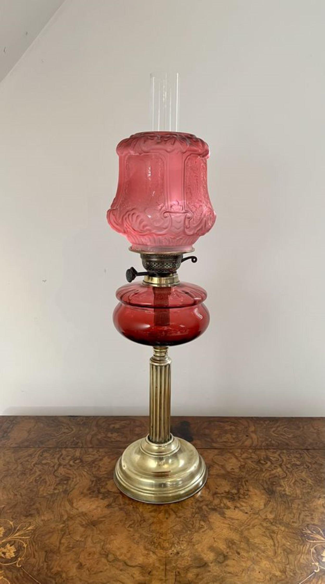 Fantastic quality large antique Victorian cranberry glass and brass oil lamp In Good Condition In Ipswich, GB