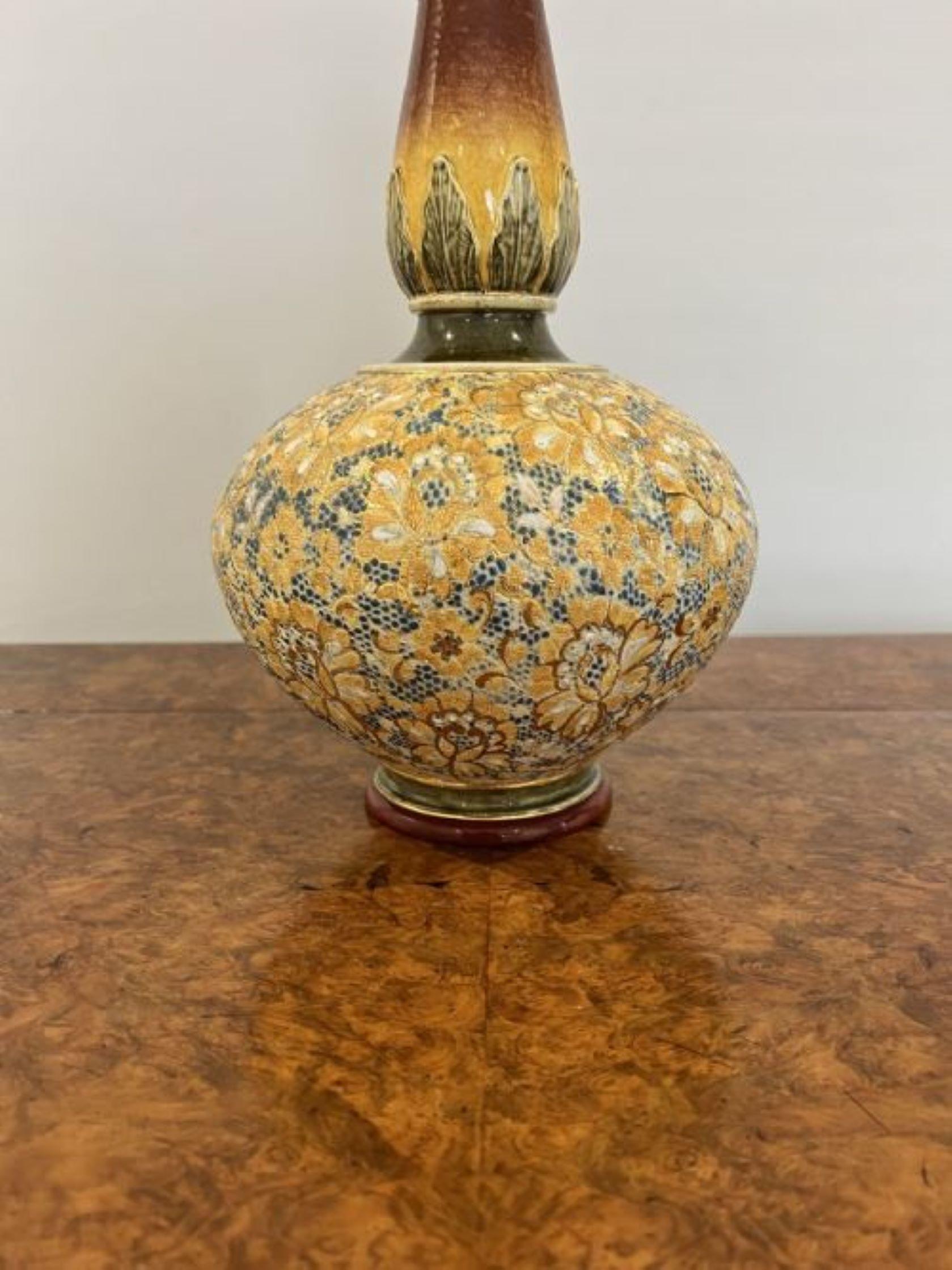 Fantastic quality large antique Victorian Doulton Lambeth Slater's Patent vase having a fantastic quality large vase with a tapering neck, red and orange glaze to the vase above a bulbous body decorated with white and gold flowers on a turquoise