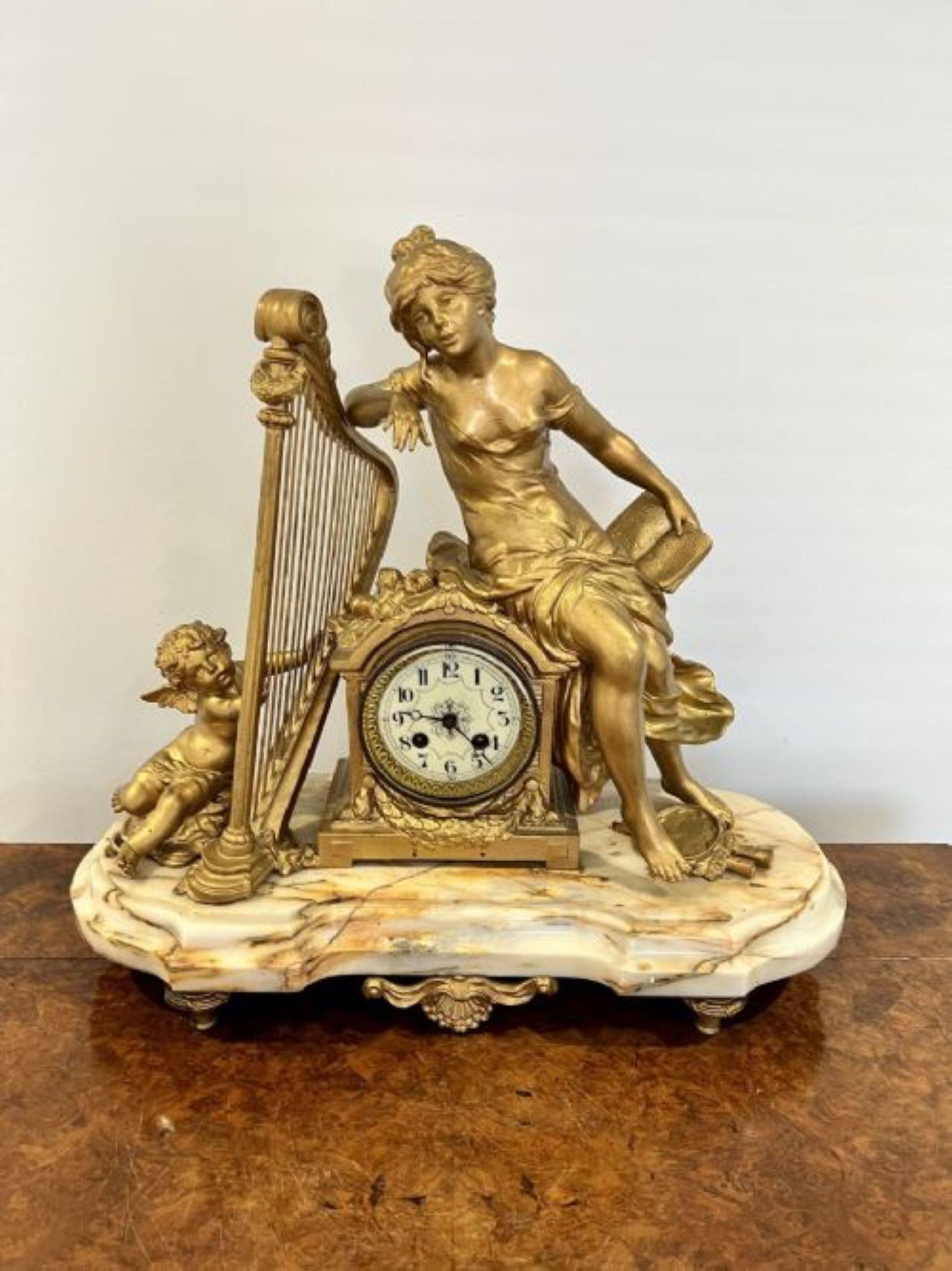 Fantastic quality large antique Victorian mantle clock, having outstanding quality gilded mounts of classical figures of a lady, cherub and a harp. The lady is sitting above a quality ornate French clock with a circular porcelain decorated dial with