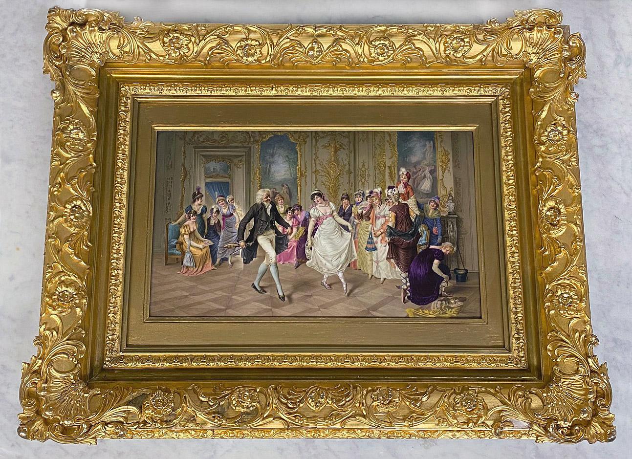 A fantastic quality late 19th century Berlin K.P.M. Porcelain rectangular figural plaque

Finely painted after T. Rosenthal with a ballroom interior scene depicting a fiddler and a young woman dancing together before a group of fashionable