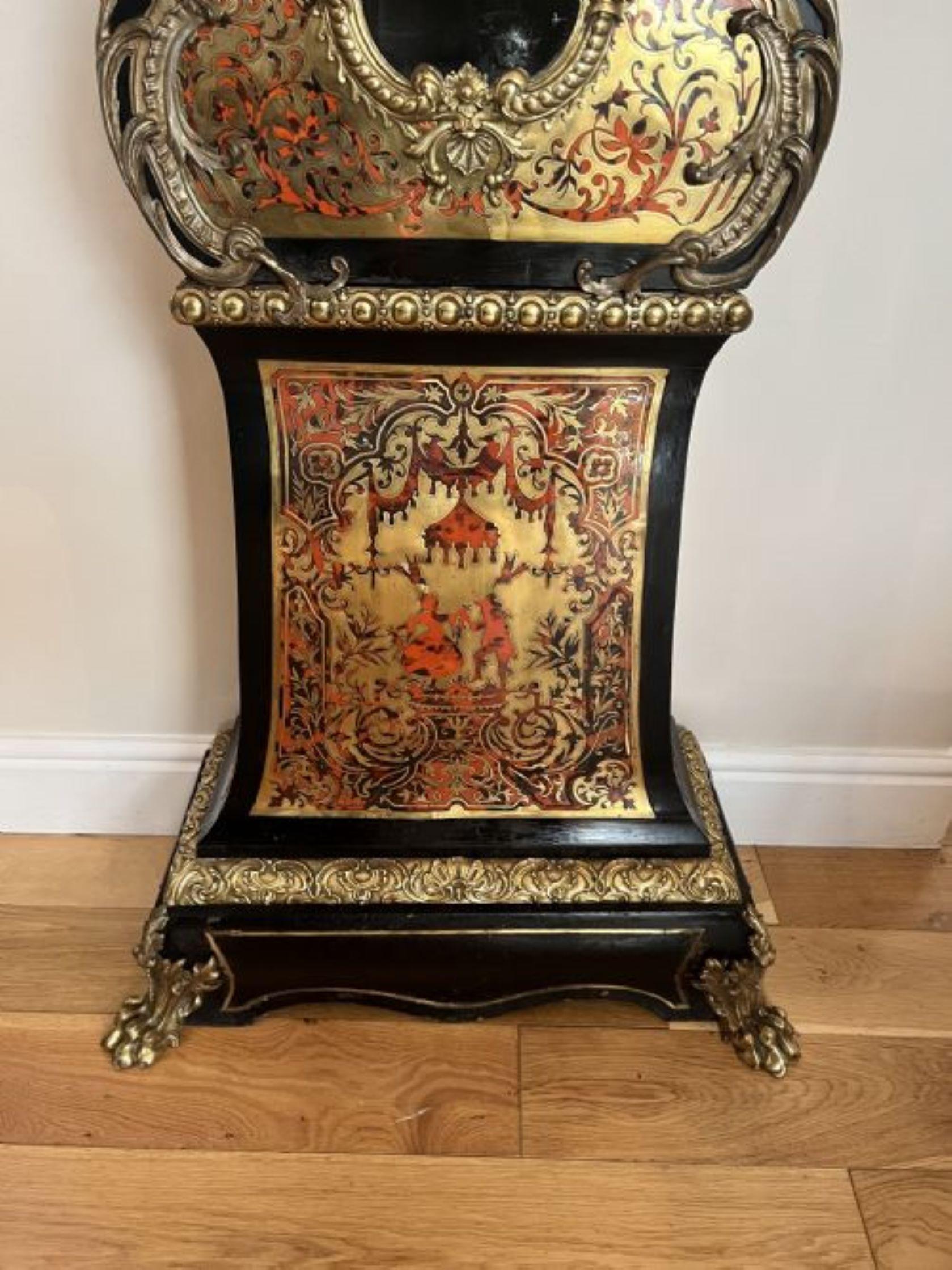 Fantastic quality Napoleon III Marquetry inlaid eight day longcase clock having a quality bombe shaped case finely inlaid with boulle marquetry work of cut brass arabesque and enriched with finely chiselled gilt bronze mounts, cartouche shaped top